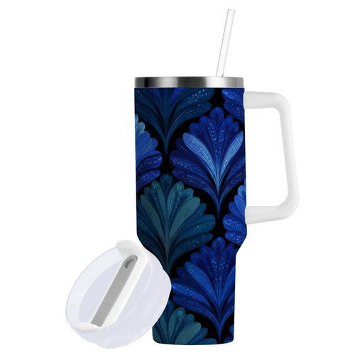 30 oz Insulated Stainless Steel Tumbler Double Wall Stainless Steel Tumbler with 2-Way Drinking Blue Batik Leaves Pattern - OM7T