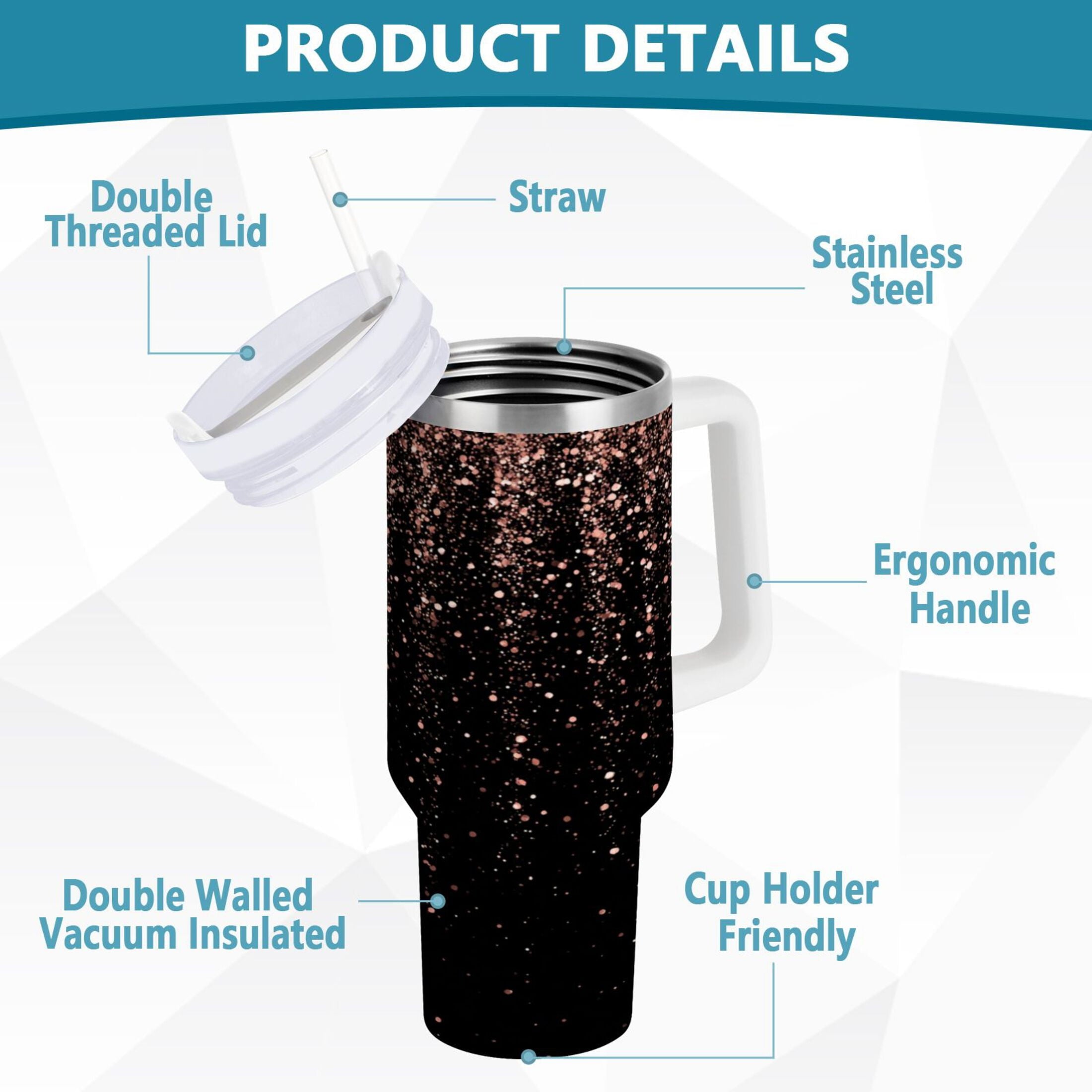 40 oz Insulated Stainless Steel Tumbler Double Wall Stainless Steel Tumbler with 2-Way Drinking Rose Gold Glitter - ATO6