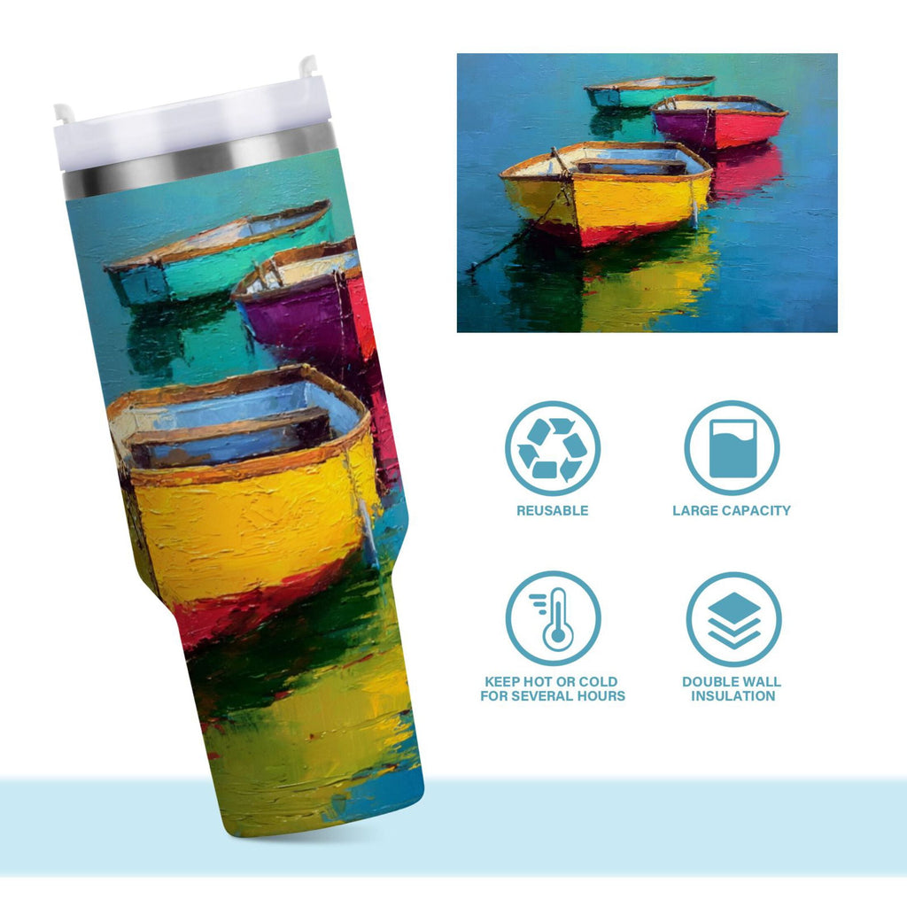 30 oz Insulated Stainless Steel Tumbler Double Wall Stainless Steel Tumbler with 2-Way Drinking Colorful Row Boats - OQ7U