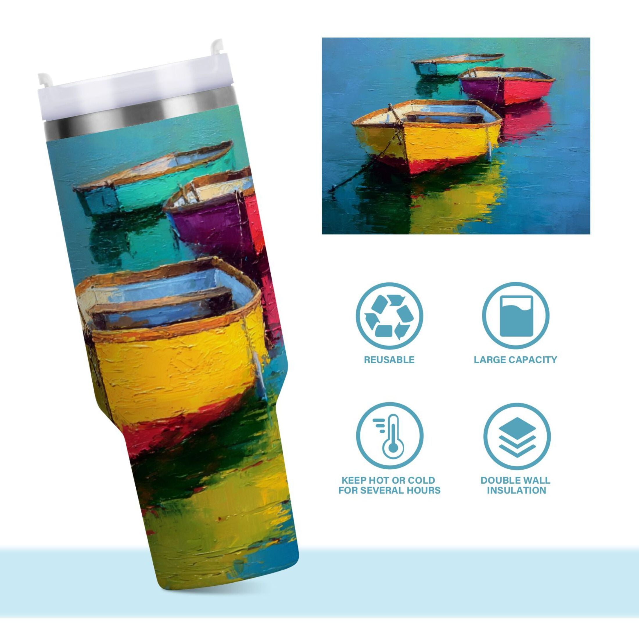 30 oz Insulated Stainless Steel Tumbler Double Wall Stainless Steel Tumbler with 2-Way Drinking Colorful Row Boats - OQ7U