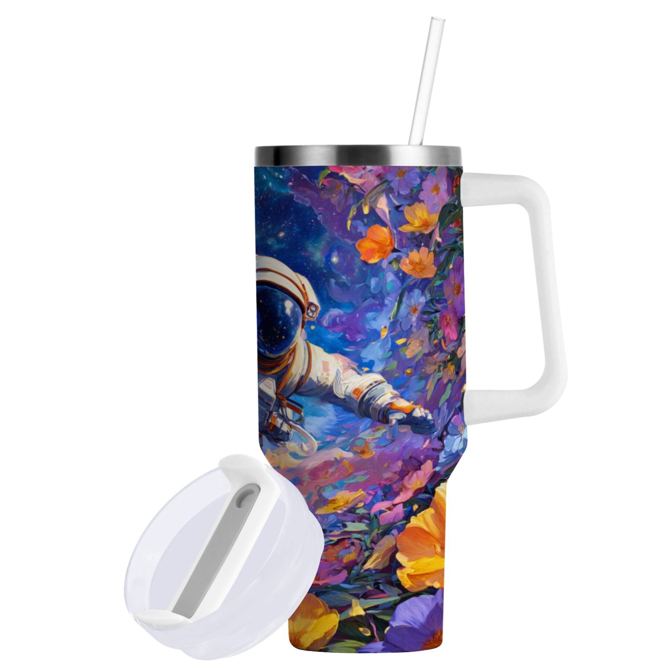 40 oz Insulated Stainless Steel Tumbler Double Wall Stainless Steel Tumbler with 2-Way Drinking Astronaut and Colorful Flowers - QD6W