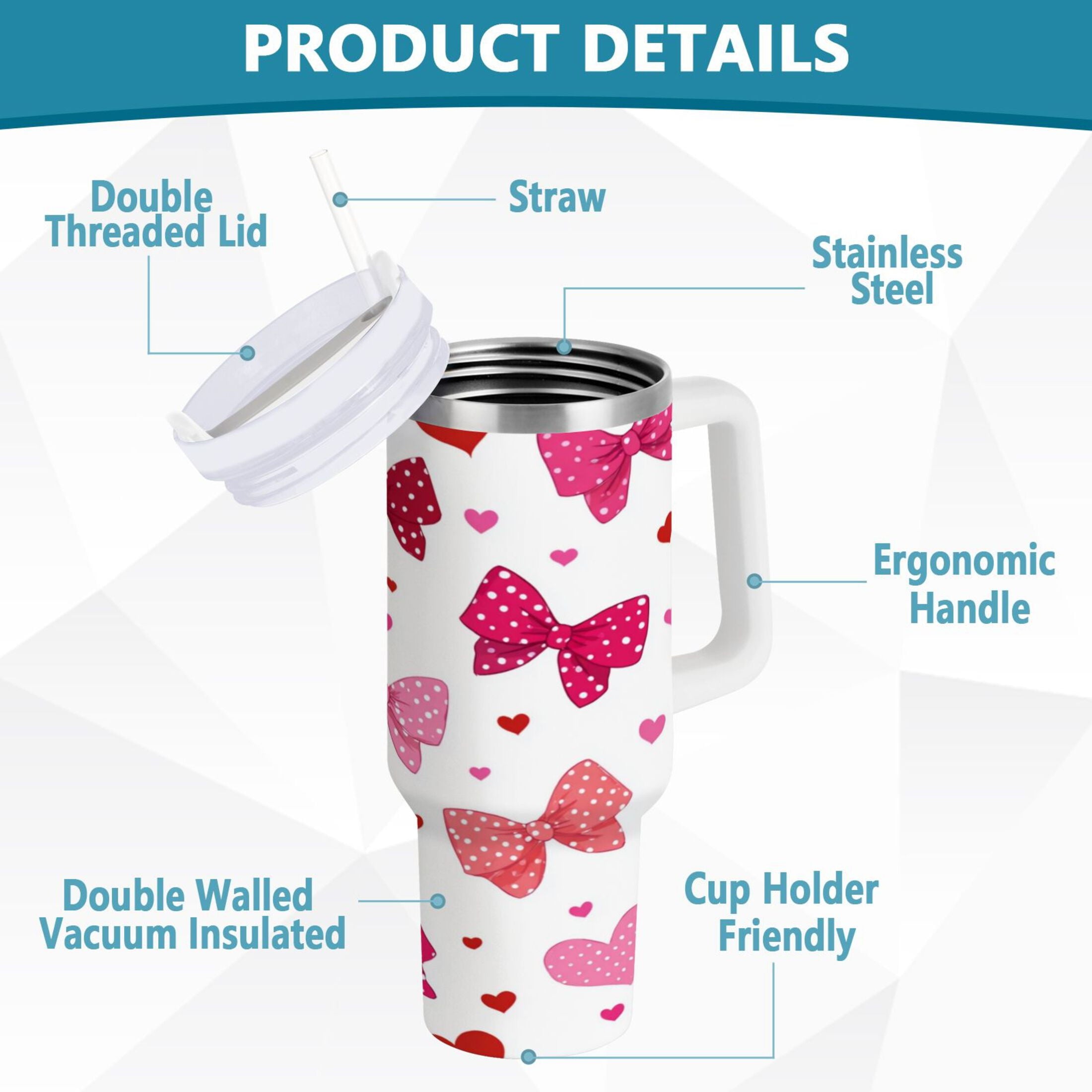30 oz Insulated Stainless Steel Tumbler Double Wall Stainless Steel Tumbler with 2-Way Drinking Red and Pink Bows - FP4C