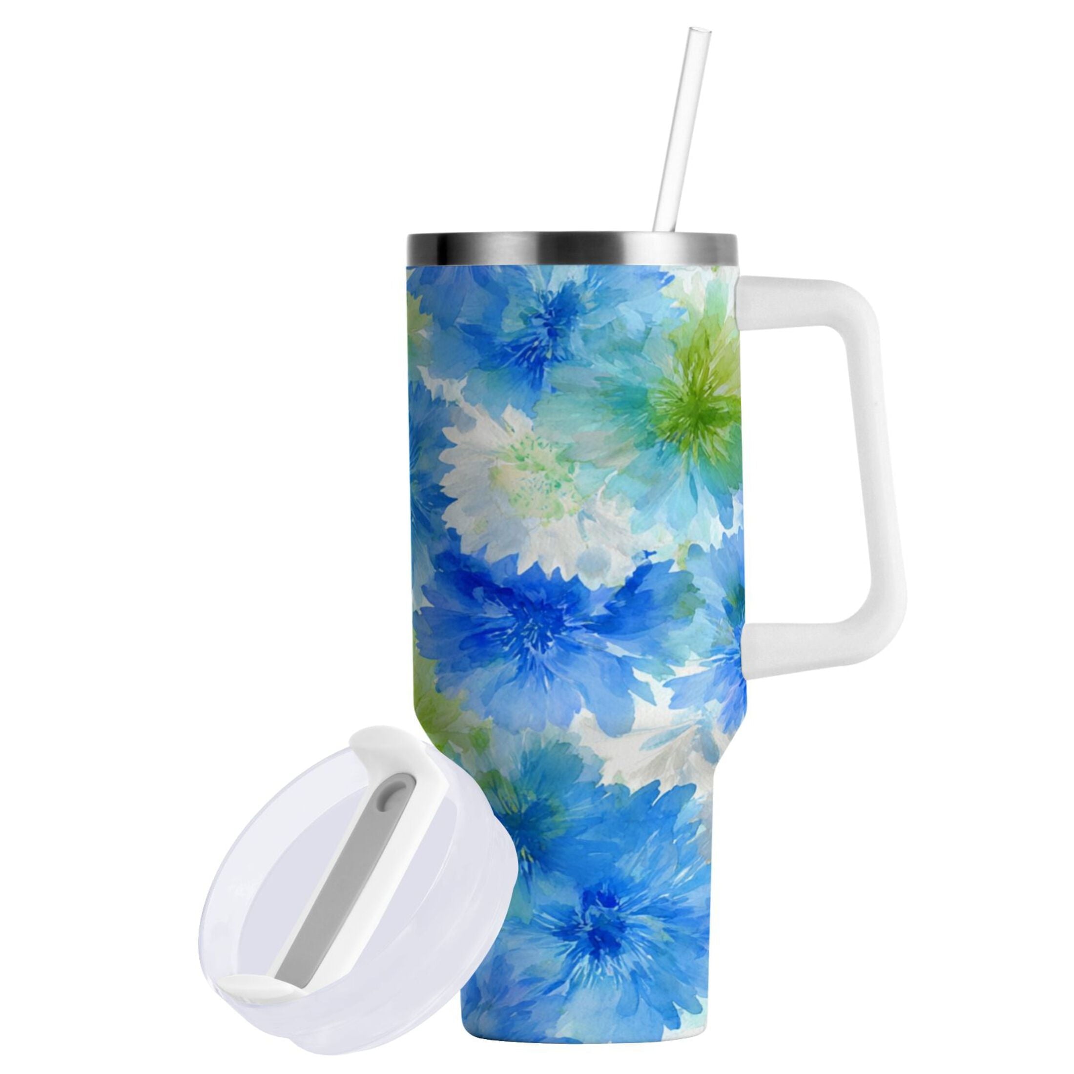 40 oz Insulated Stainless Steel Tumbler Double Wall Stainless Steel Tumbler with 2-Way Drinking Watercolor Blue Cornflowers - C472