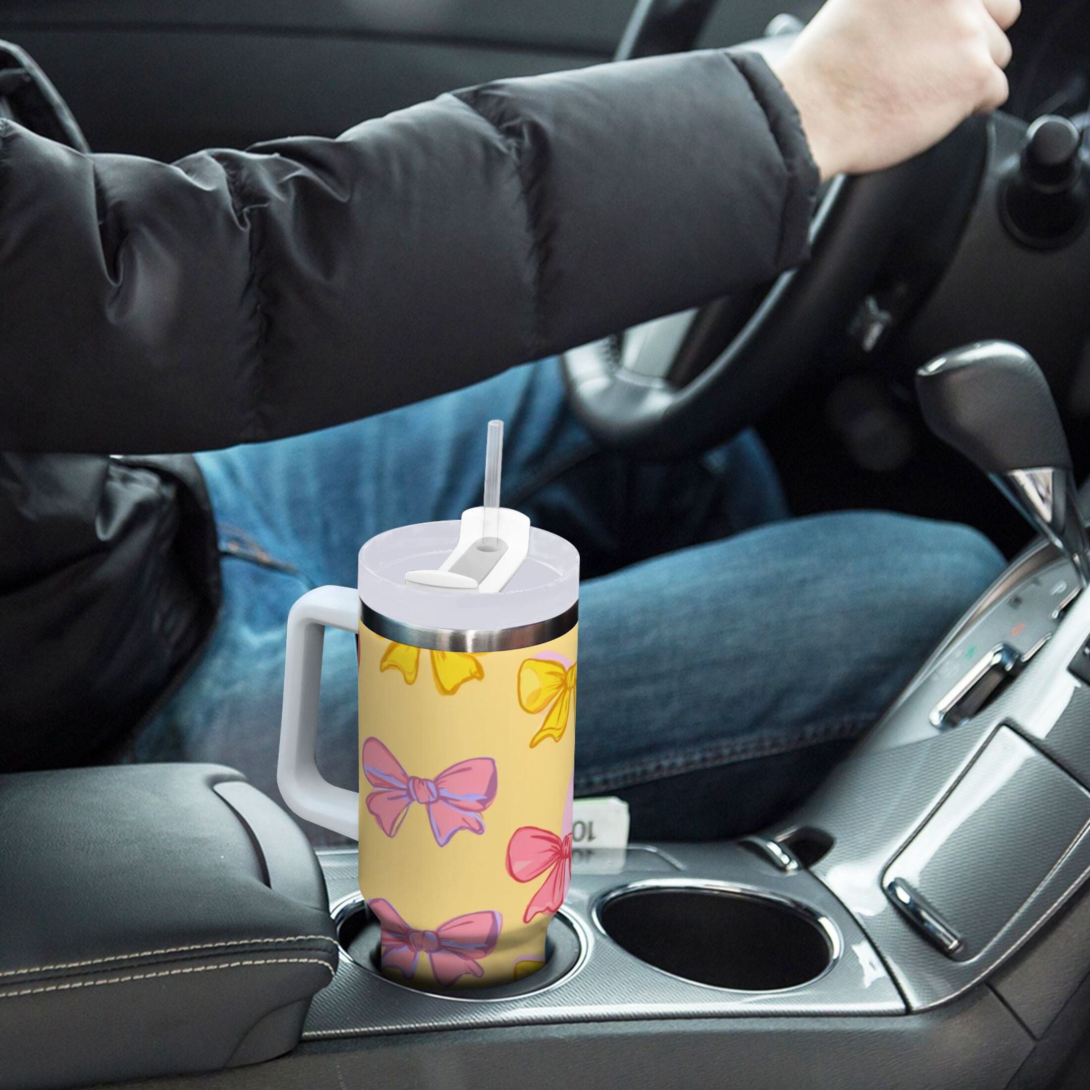 30 oz Insulated Stainless Steel Tumbler Double Wall Stainless Steel Tumbler with 2-Way Drinking Yellow and Pink Bows - MRIB