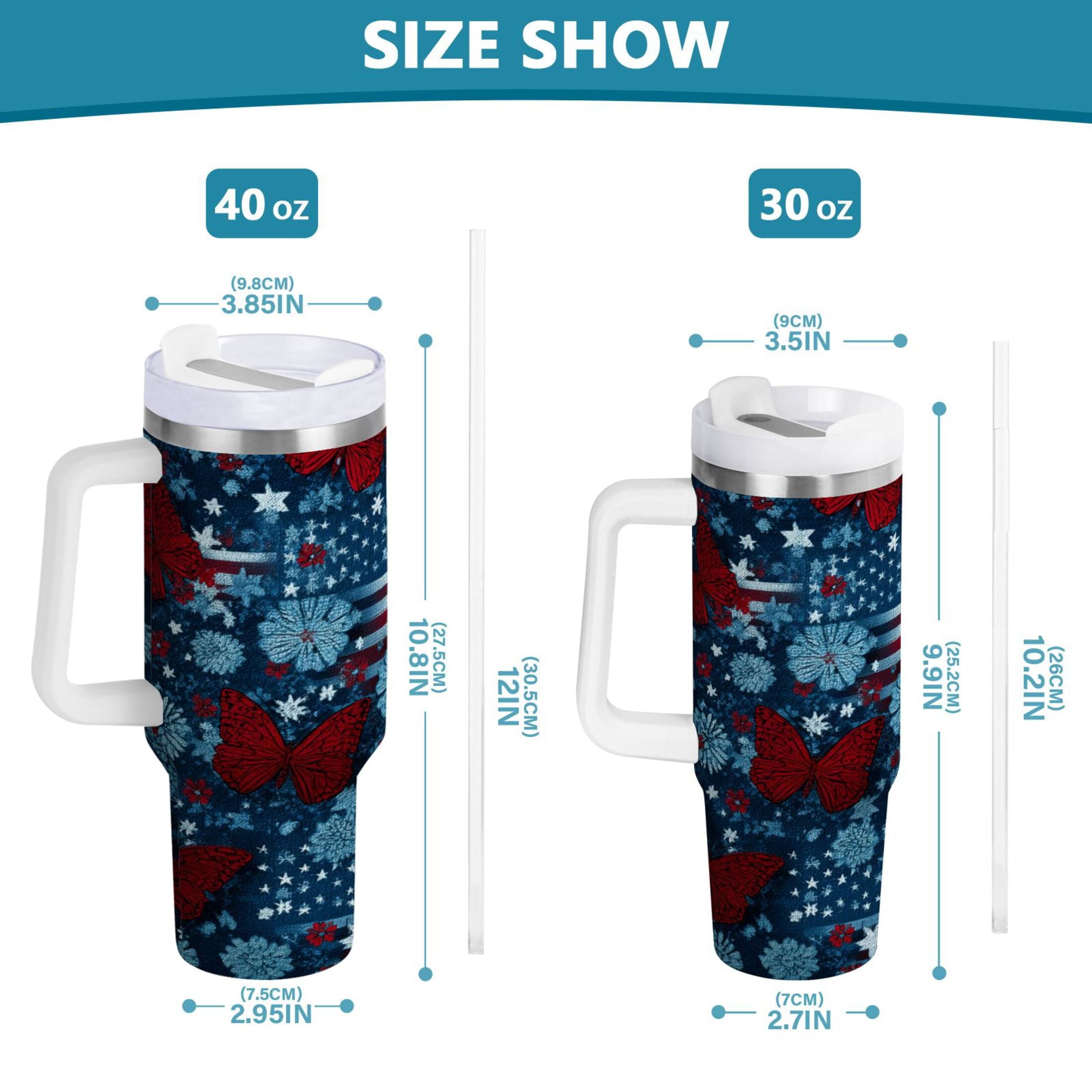 30 oz Insulated Stainless Steel Tumbler Double Wall Stainless Steel Tumbler with 2-Way Drinking Red Butterflies and Flags - P0DF