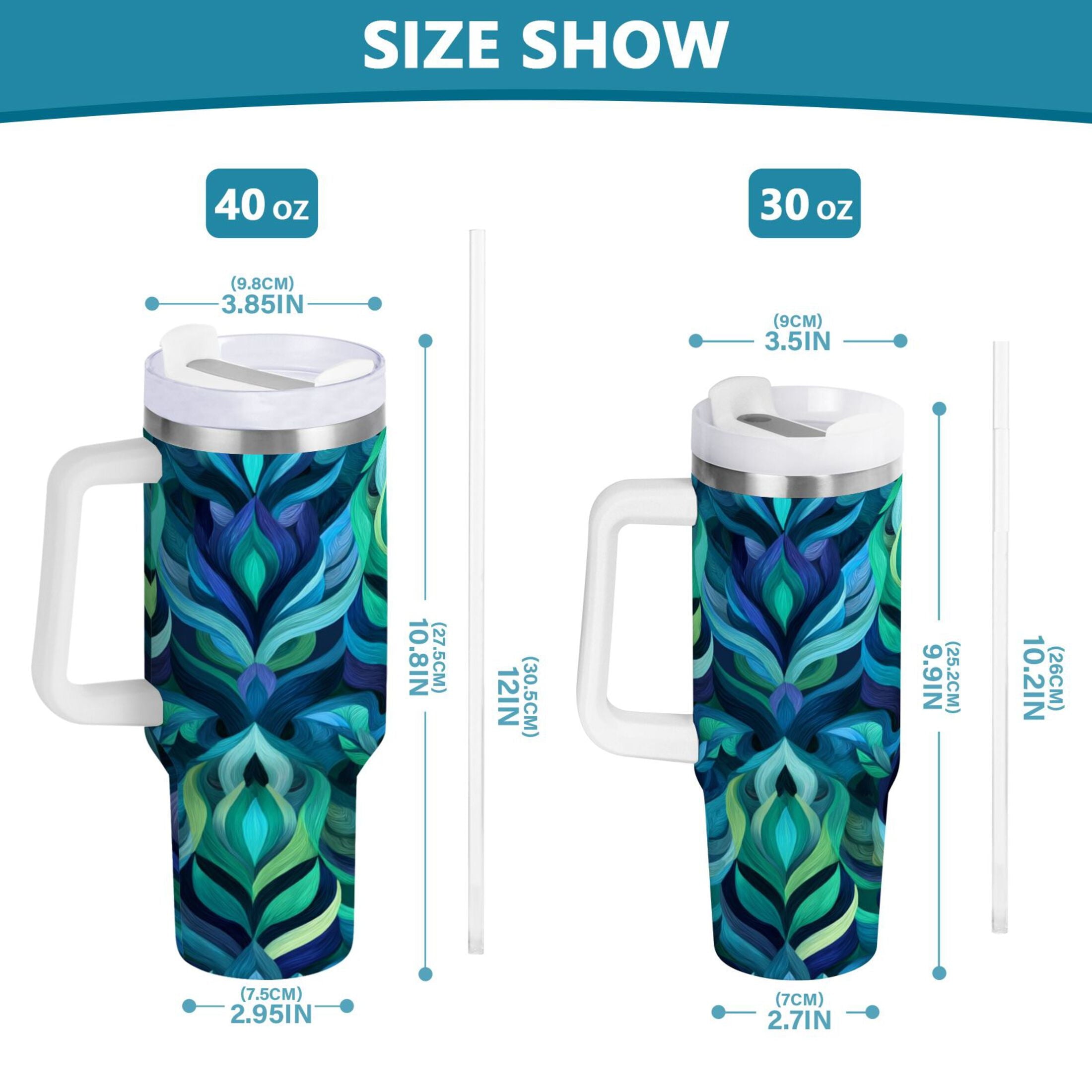 40 oz Insulated Stainless Steel Tumbler Double Wall Stainless Steel Tumbler with 2-Way Drinking Elegant Blue Abstract Shapes - BNTB