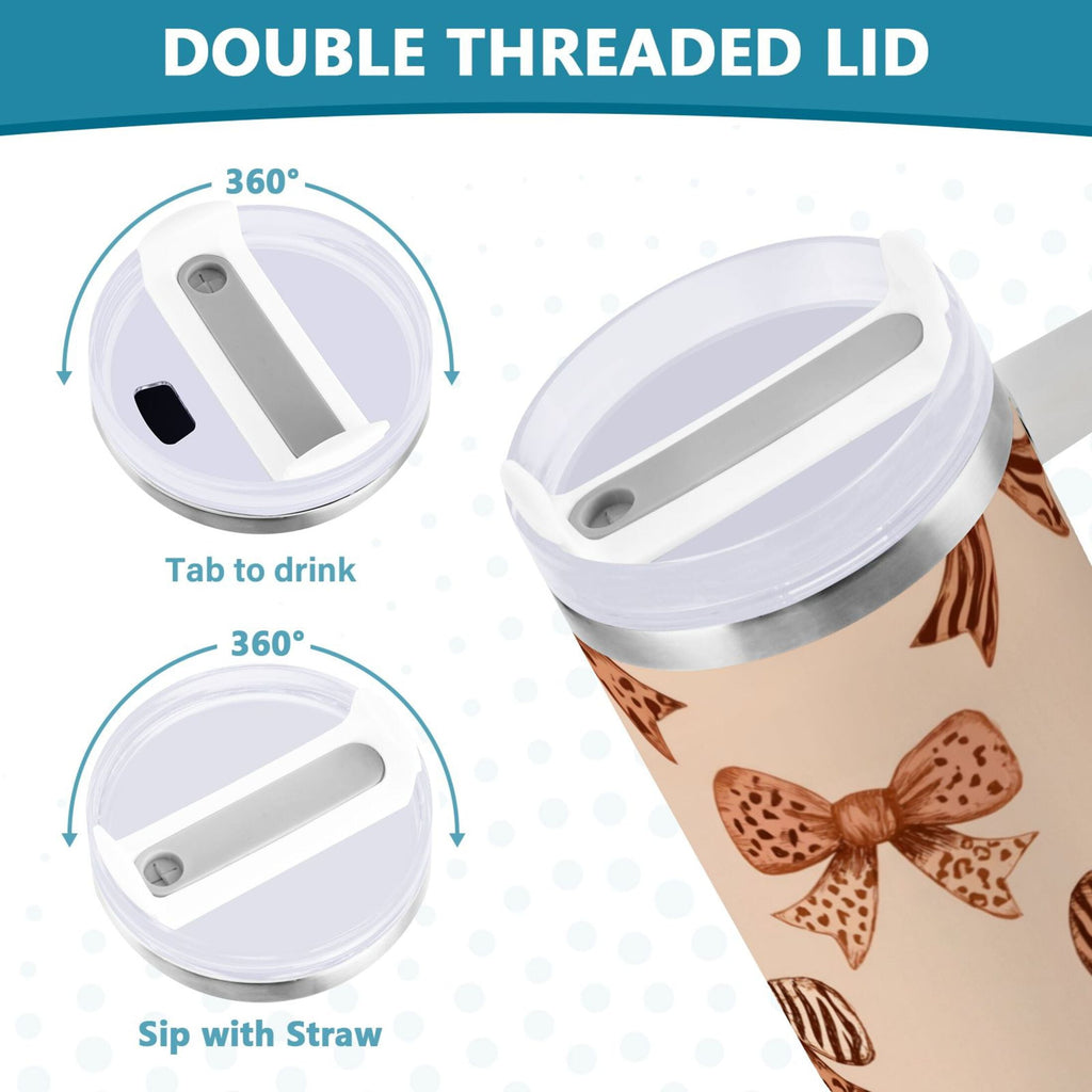 40 oz Insulated Stainless Steel Tumbler Double Wall Stainless Steel Tumbler with 2-Way Drinking Leopard Print Bow - Q3LB