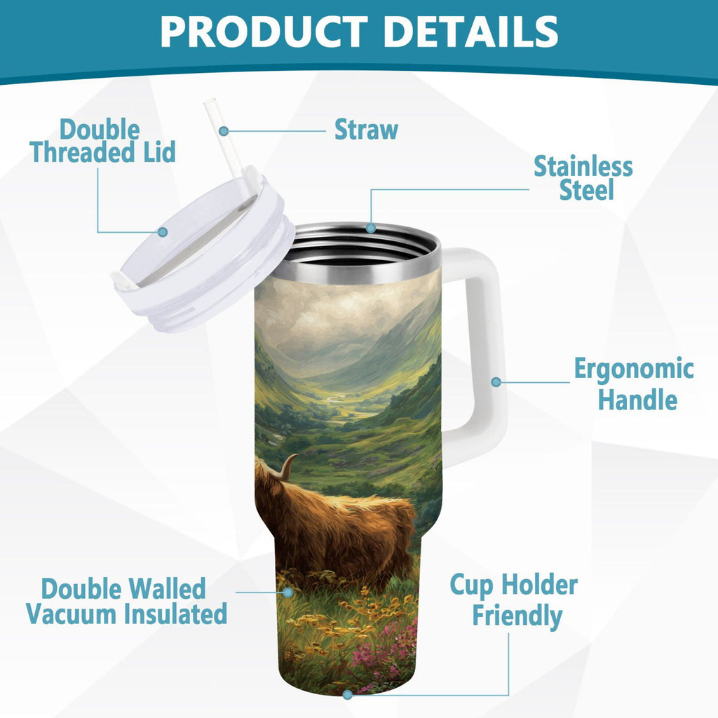 30 oz Insulated Stainless Steel Tumbler Double Wall Stainless Steel Tumbler with 2-Way Drinking Cow in Green Rolling Hills - W34T