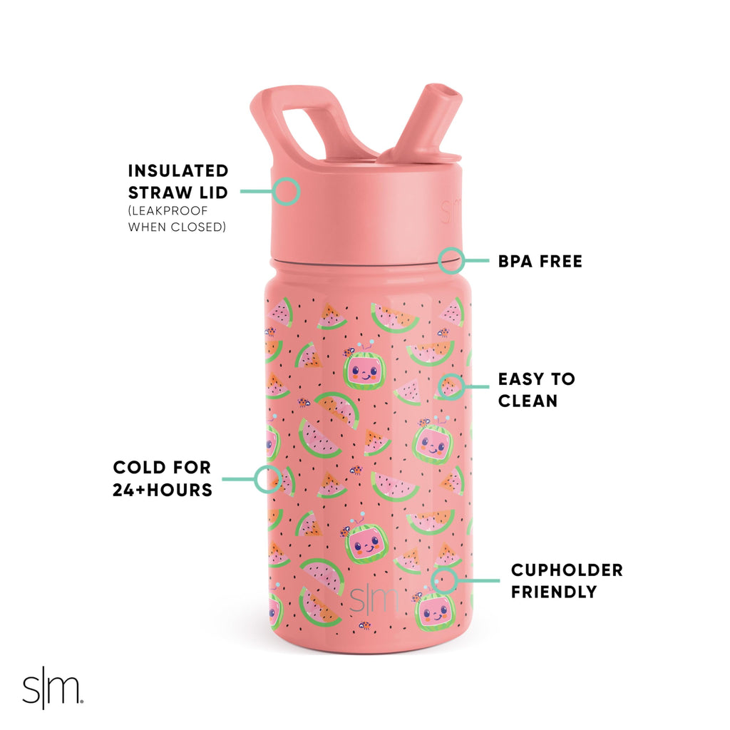 Simple Modern CoComelon Kids Water Bottle with Straw Lid | Insulated Stainless Steel Reusable Tumbler for Toddlers, Girls | Summit Collection | 14oz, CoComelon Pink Melon - X74E