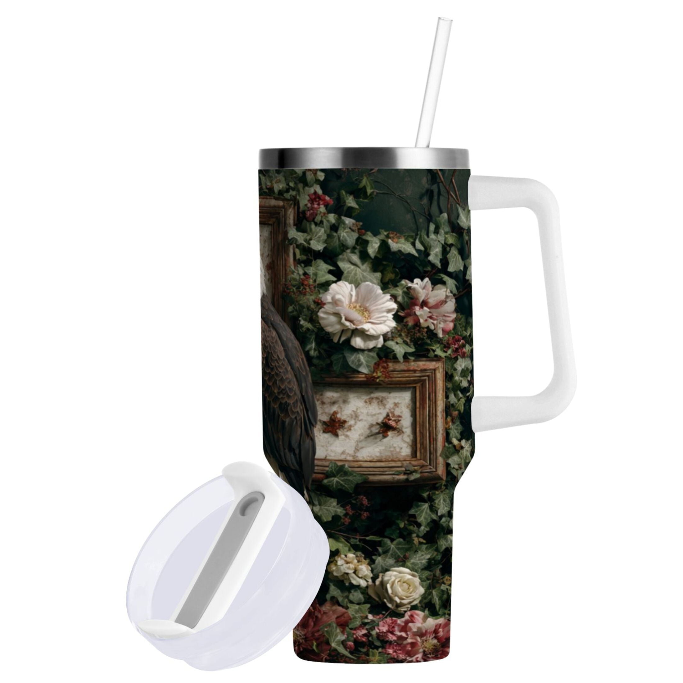 30 oz Insulated Stainless Steel Tumbler Double Wall Stainless Steel Tumbler with 2-Way Drinking Wreath and Bald Eagle - J2JK
