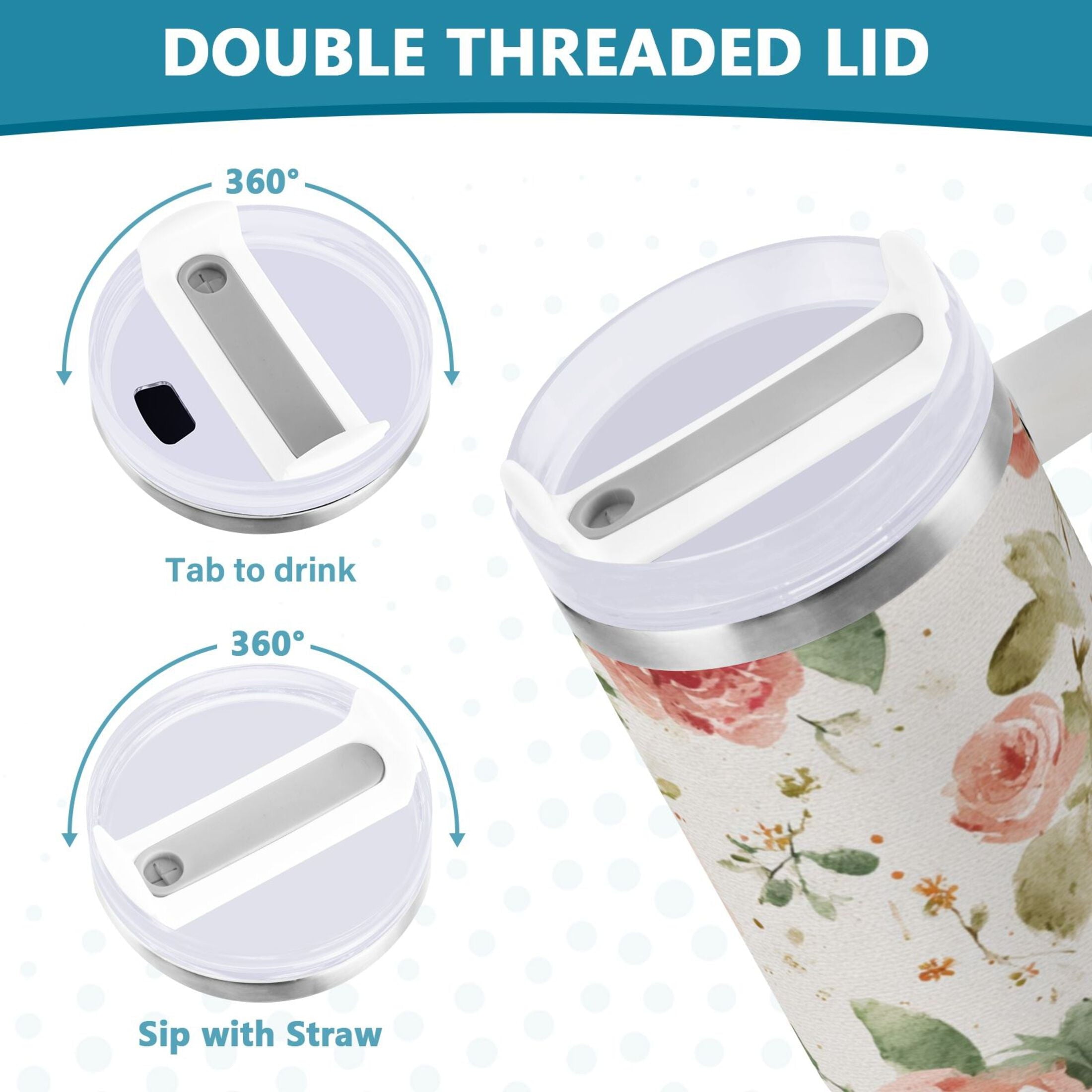 40 oz Insulated Stainless Steel Tumbler Double Wall Stainless Steel Tumbler with 2-Way Drinking Watercolor Rose Floral Pattern - 7Y19