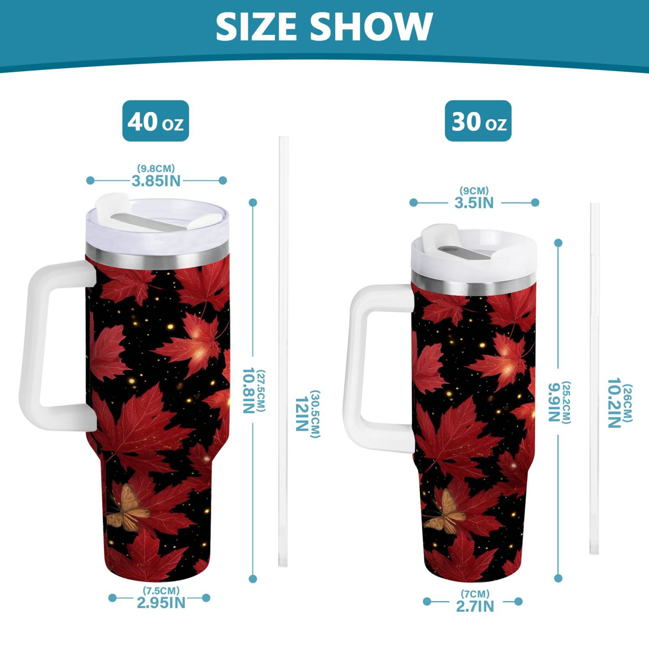 40 oz Insulated Stainless Steel Tumbler Double Wall Stainless Steel Tumbler with 2-Way Drinking Maple Leaves and Fireflies - Y38I