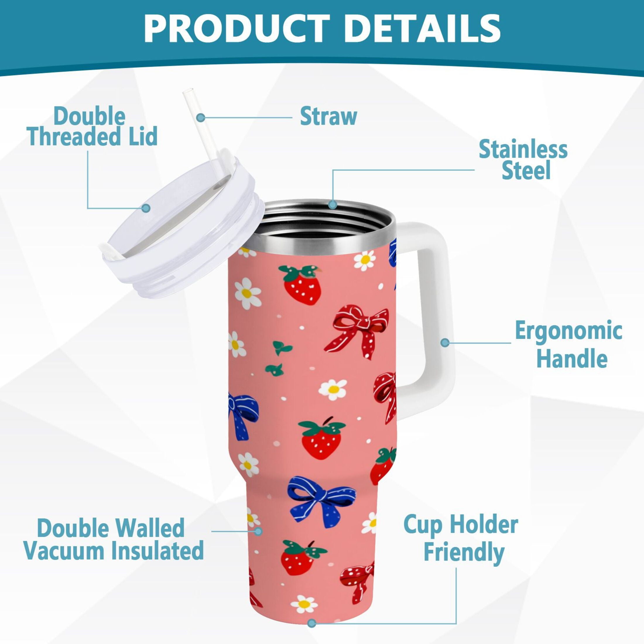 40 oz Insulated Stainless Steel Tumbler Double Wall Stainless Steel Tumbler with 2-Way Drinking Bows and Strawberries Pattern - G1UI