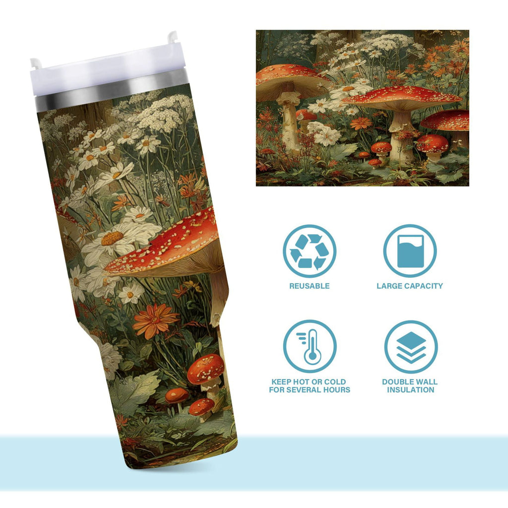 40 oz Insulated Stainless Steel Tumbler Double Wall Stainless Steel Tumbler with 2-Way Drinking Red Mushrooms - 4PW6