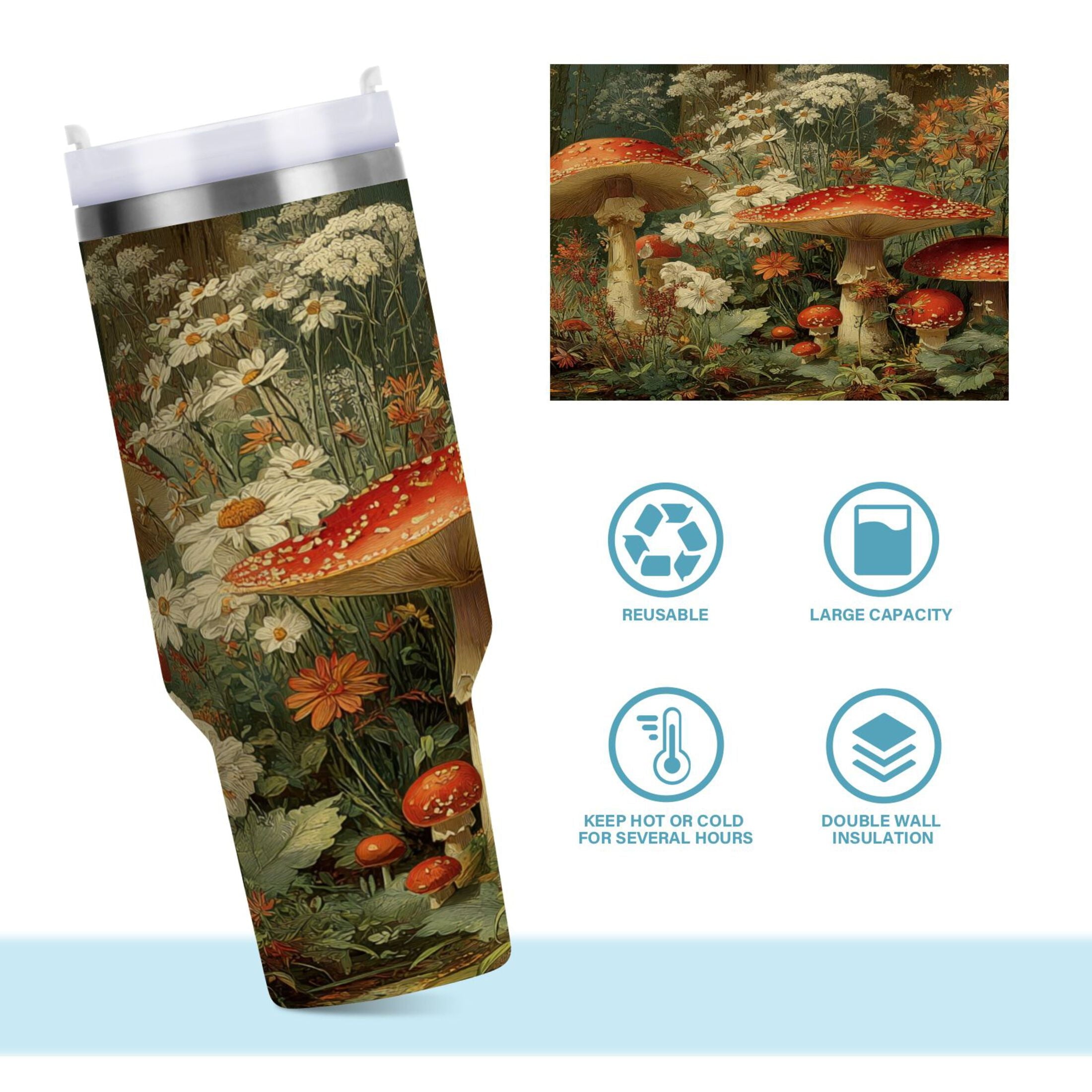 40 oz Insulated Stainless Steel Tumbler Double Wall Stainless Steel Tumbler with 2-Way Drinking Red Mushrooms - 4PW6