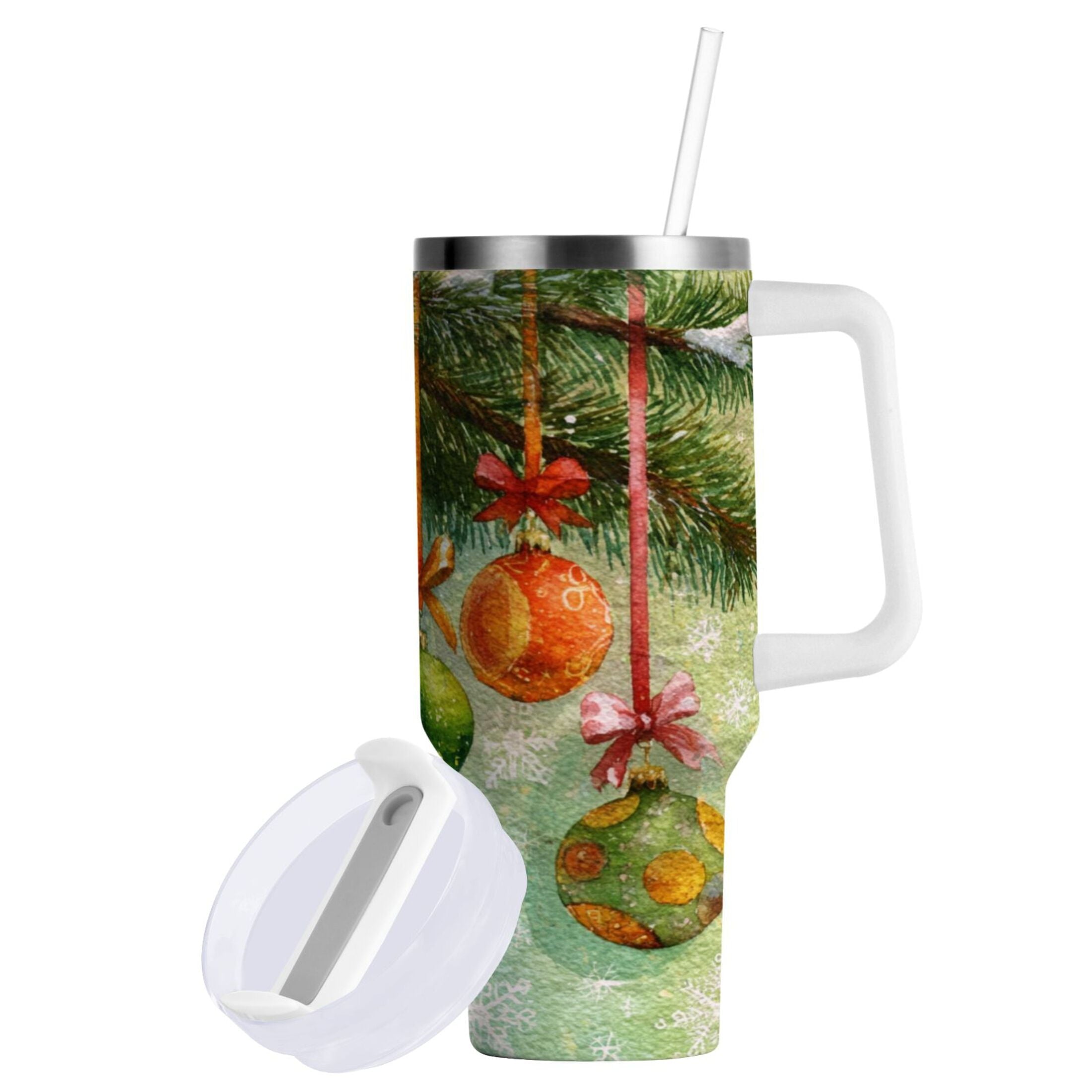 30 oz Insulated Stainless Steel Tumbler Double Wall Stainless Steel Tumbler with 2-Way Drinking Christmas Ornaments Watercolor Painting - IN1Q