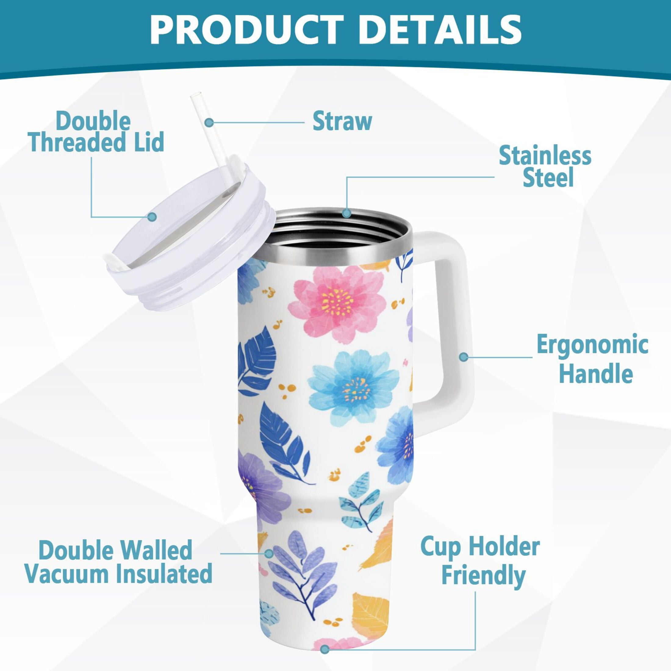 30 oz Insulated Stainless Steel Tumbler Double Wall Stainless Steel Tumbler with 2-Way Drinking Blue and Purple Flowers - 5OWM