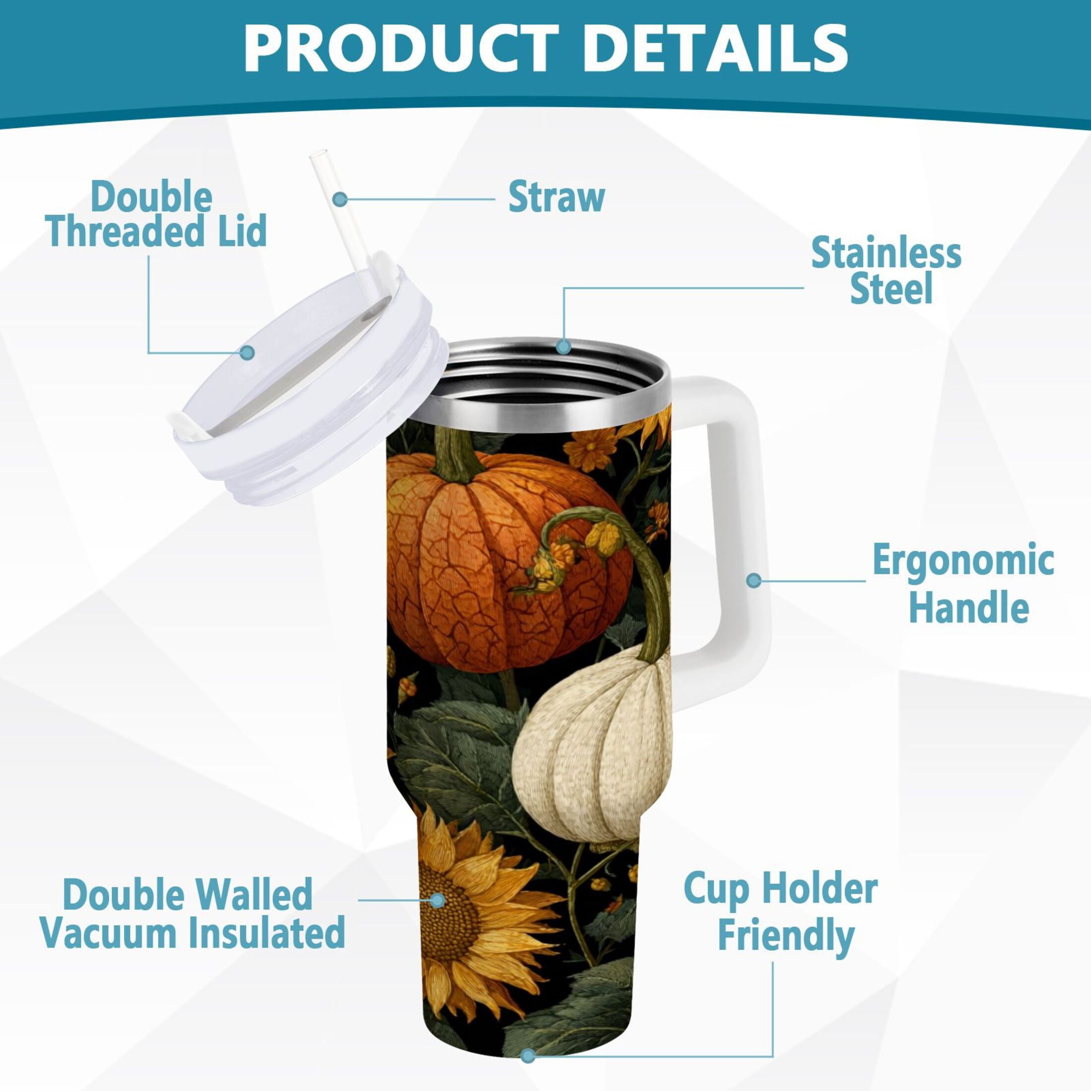 40 oz Insulated Stainless Steel Tumbler Double Wall Stainless Steel Tumbler with 2-Way Drinking Pumpkins and Sunflowers Pattern - GDXS