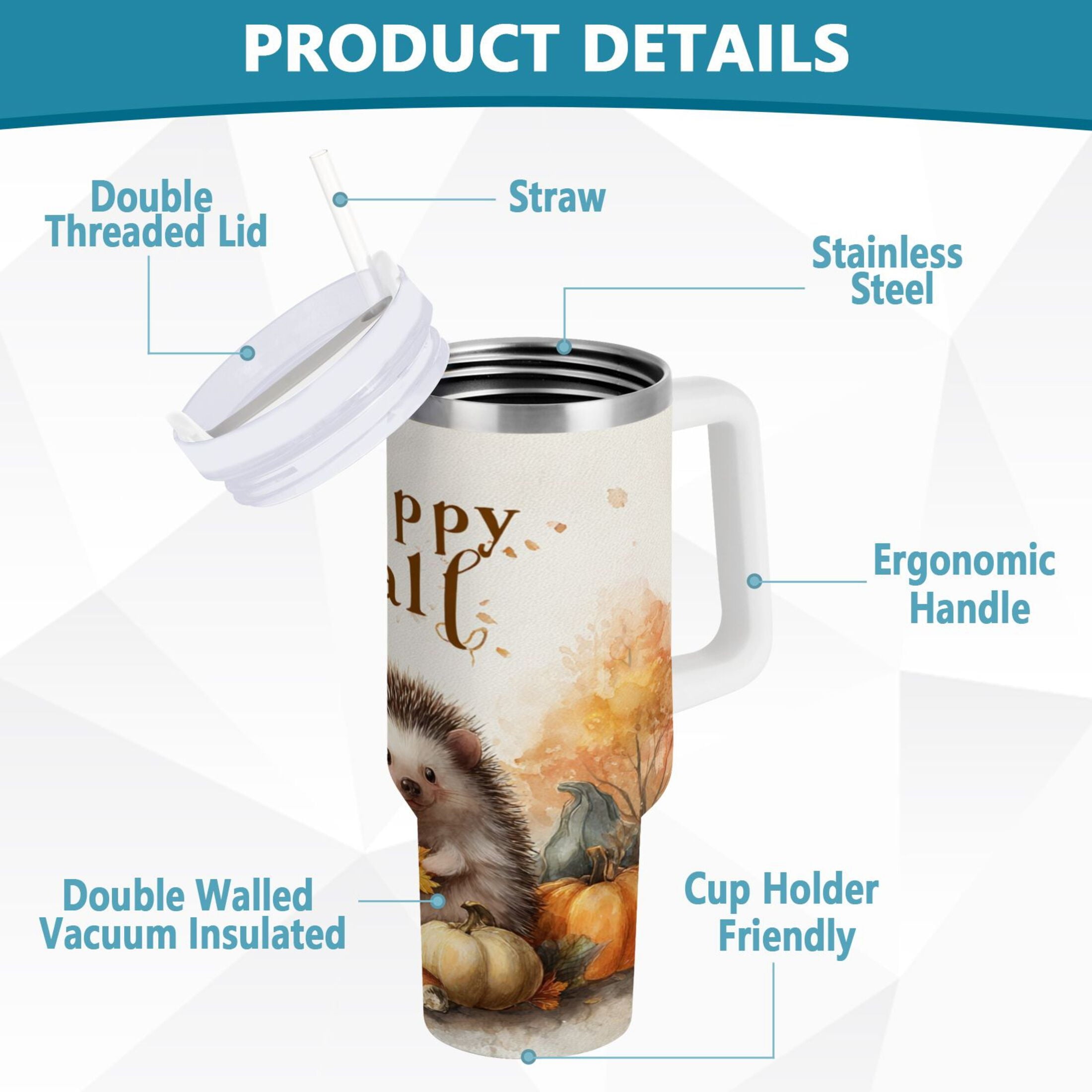 30 oz Insulated Stainless Steel Tumbler Double Wall Stainless Steel Tumbler with 2-Way Drinking Cute Little Hedgehog - O3X5