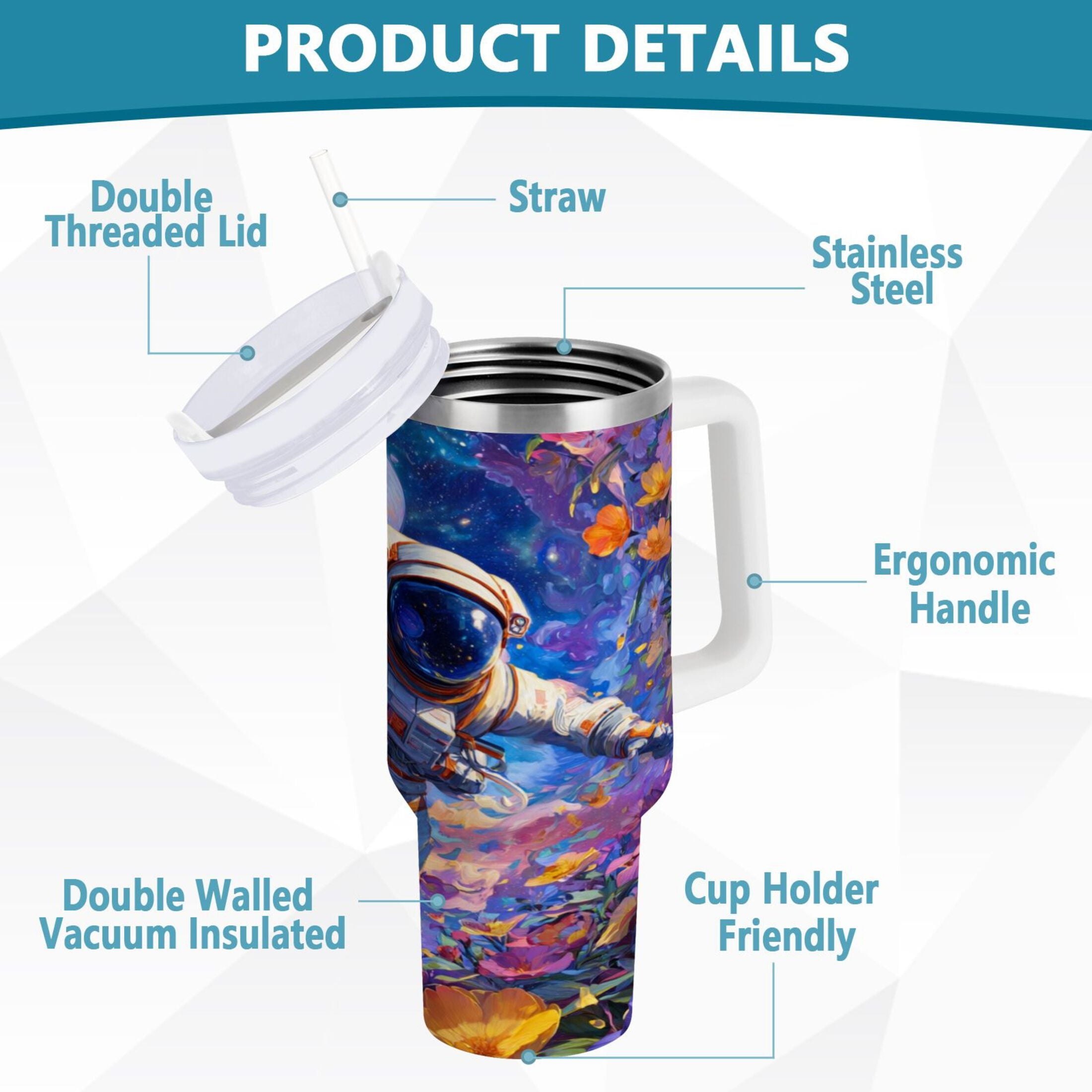 40 oz Insulated Stainless Steel Tumbler Double Wall Stainless Steel Tumbler with 2-Way Drinking Astronaut and Colorful Flowers - QD6W