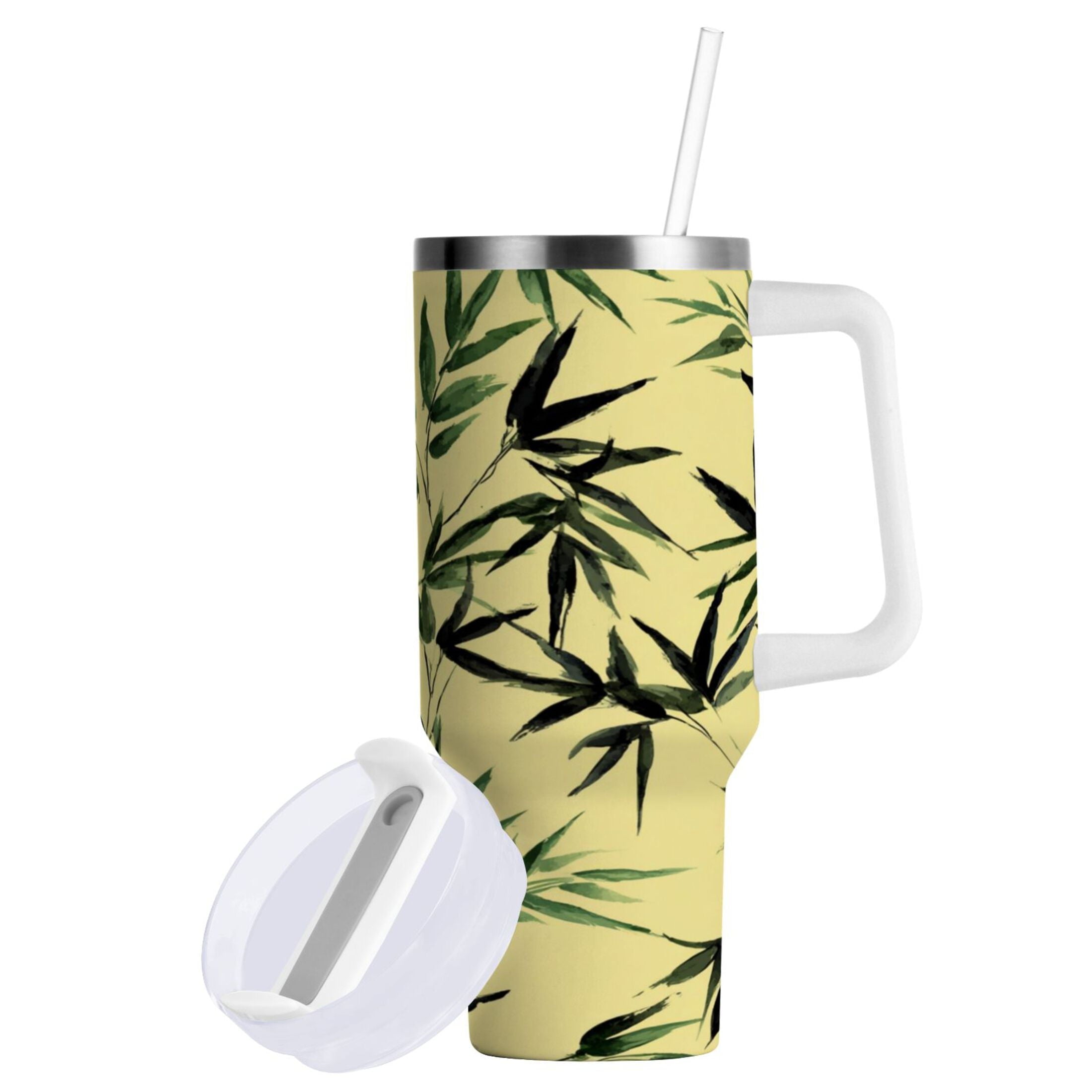 30 oz Insulated Stainless Steel Tumbler Double Wall Stainless Steel Tumbler with 2-Way Drinking Bamboo and Green Leaves - X1QJ
