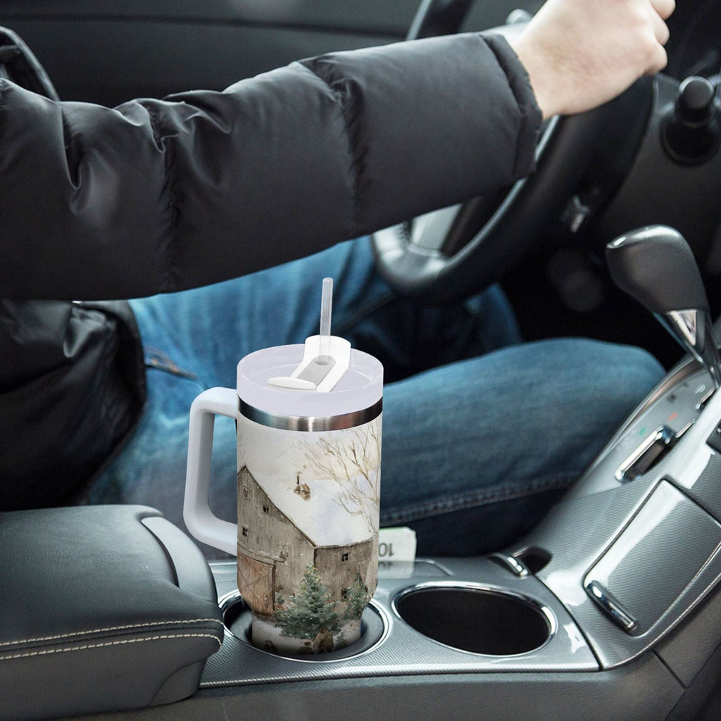 40 oz Insulated Stainless Steel Tumbler Double Wall Stainless Steel Tumbler with 2-Way Drinking Farm Snow Scene - PNK0