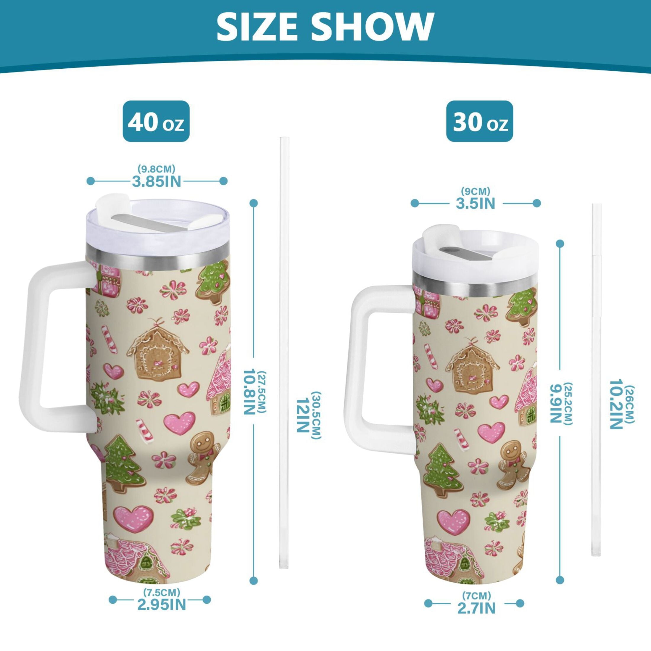 40 oz Insulated Stainless Steel Tumbler Double Wall Stainless Steel Tumbler with 2-Way Drinking Pink Cute Christmas Pattern - QX37