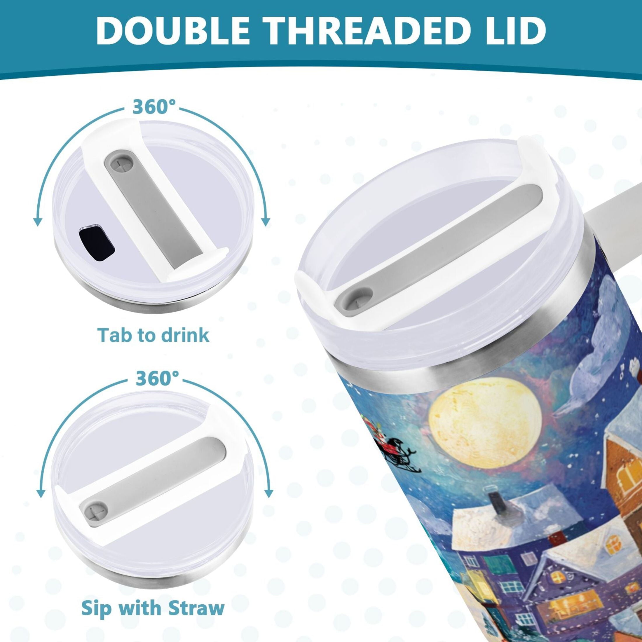 30 oz Insulated Stainless Steel Tumbler Double Wall Stainless Steel Tumbler with 2-Way Drinking Charming Christmas Scene - T84I
