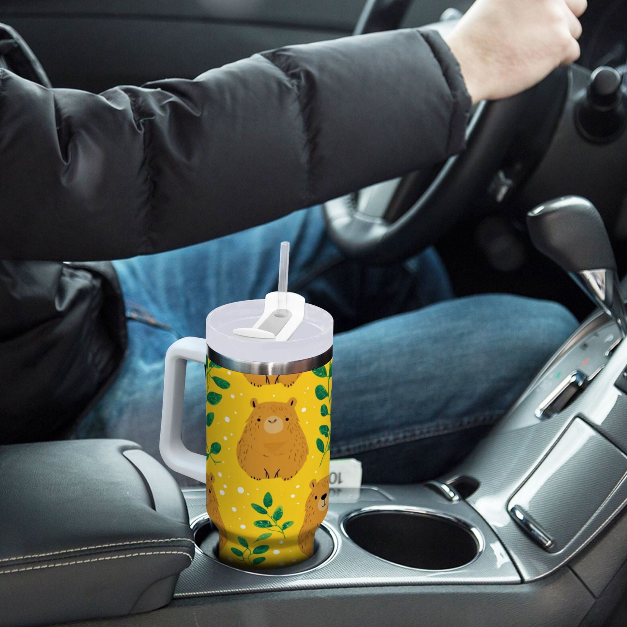 30 oz Insulated Stainless Steel Tumbler Double Wall Stainless Steel Tumbler with 2-Way Drinking Capybara and Green Leaves - 6K7W