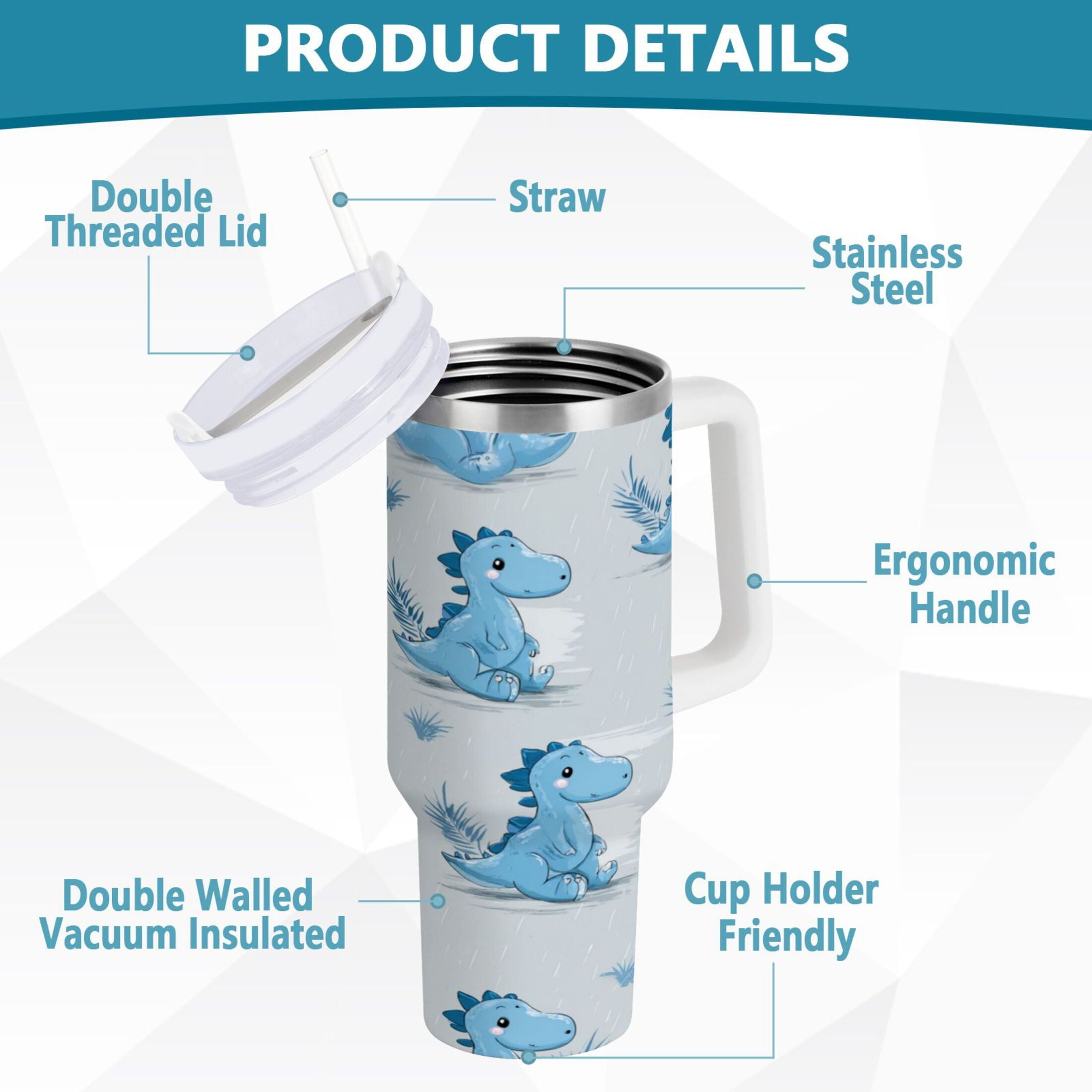 30 oz Insulated Stainless Steel Tumbler Double Wall Stainless Steel Tumbler with 2-Way Drinking Cartoon Blue Dinosaurs - 9G22