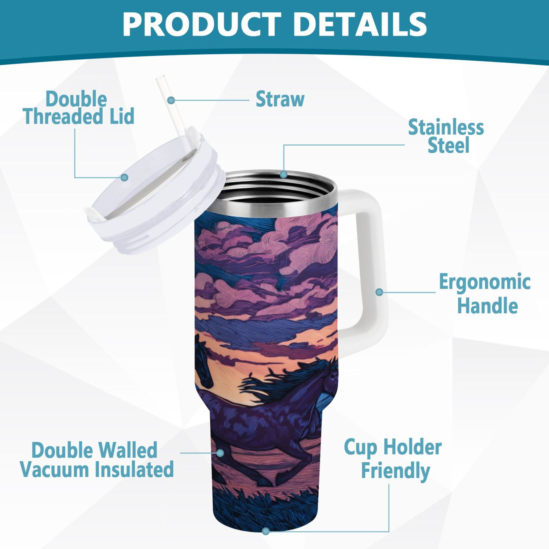 40 oz Insulated Stainless Steel Tumbler Double Wall Stainless Steel Tumbler with 2-Way Drinking Wild Horses Running - 37CD