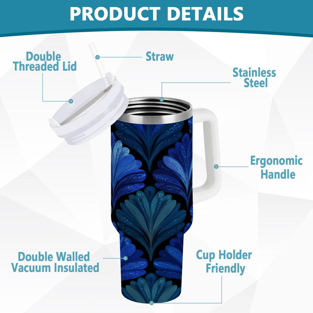 30 oz Insulated Stainless Steel Tumbler Double Wall Stainless Steel Tumbler with 2-Way Drinking Blue Batik Leaves Pattern - OM7T