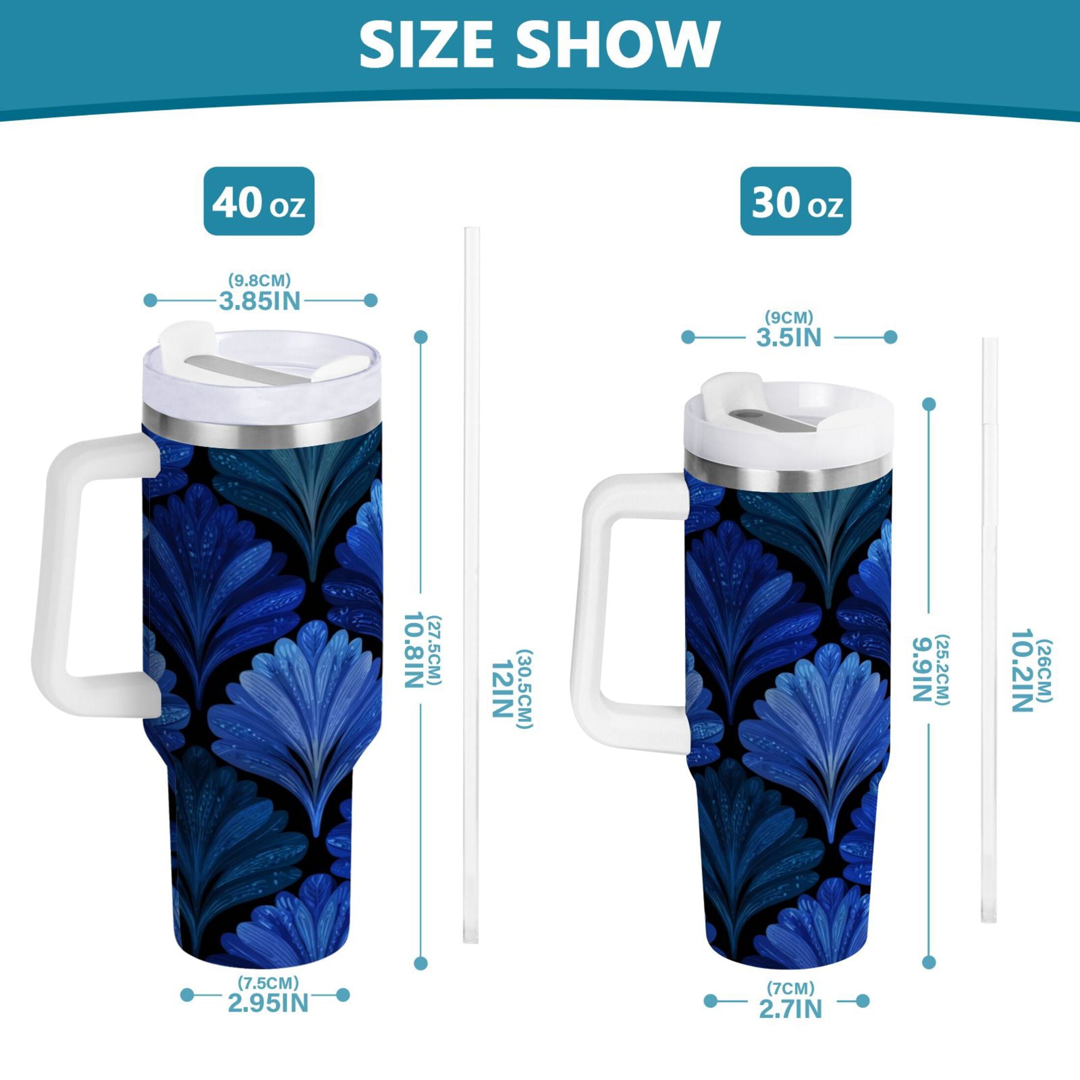 30 oz Insulated Stainless Steel Tumbler Double Wall Stainless Steel Tumbler with 2-Way Drinking Blue Batik Leaves Pattern - OM7T