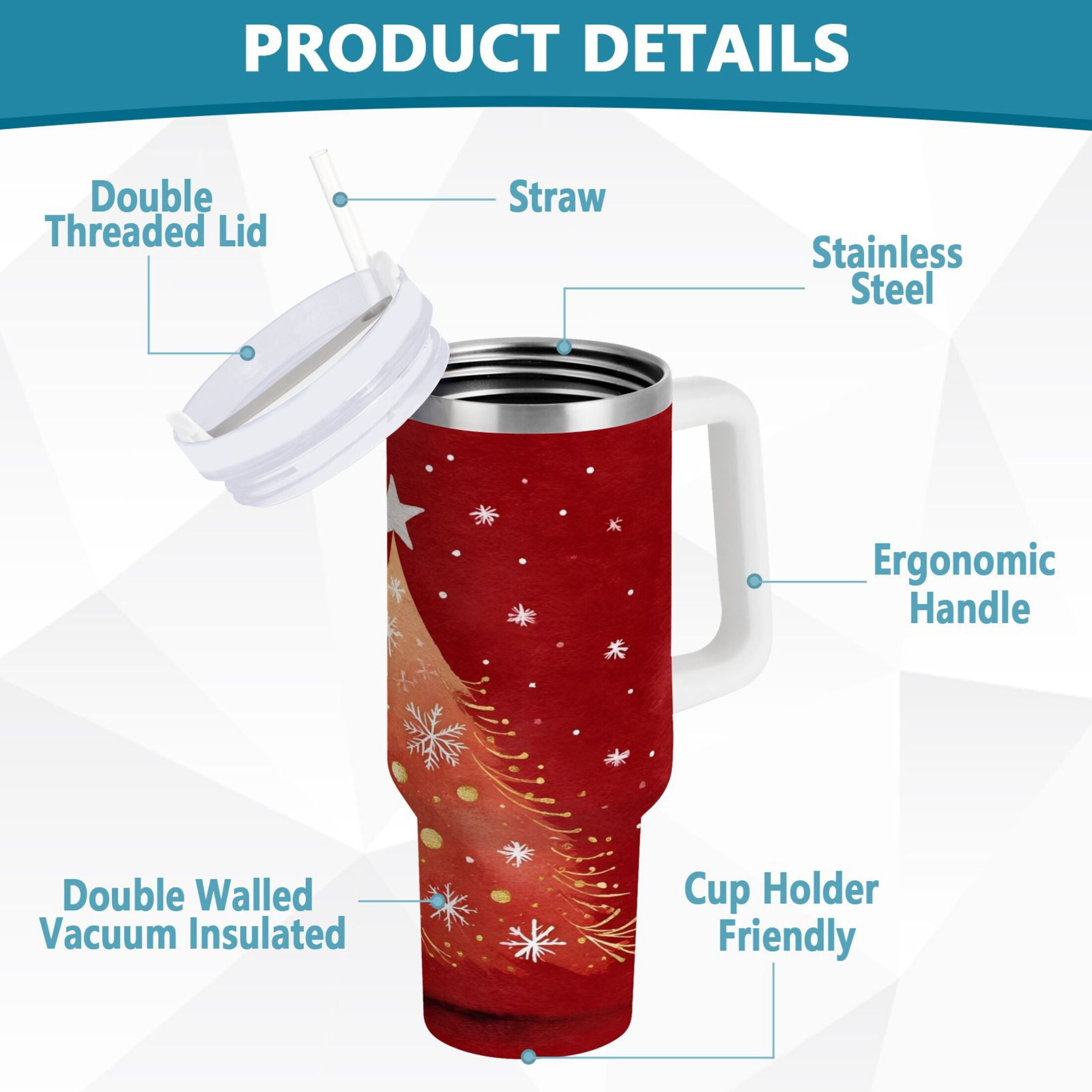 40 oz Insulated Stainless Steel Tumbler Double Wall Stainless Steel Tumbler with 2-Way Drinking Red Christmas Tree - ROFK