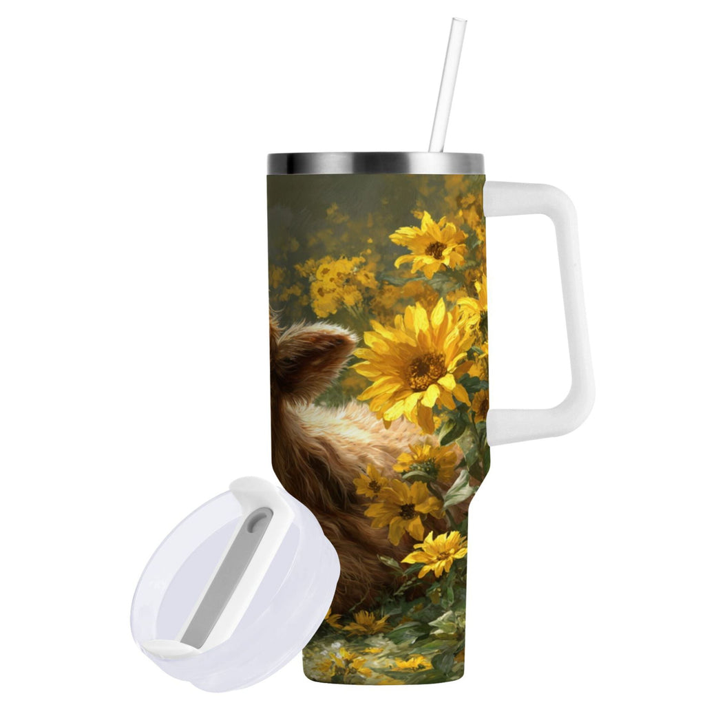 40 oz Insulated Stainless Steel Tumbler Double Wall Stainless Steel Tumbler with 2-Way Drinking Cow Lying in Sunflowers - WSHB