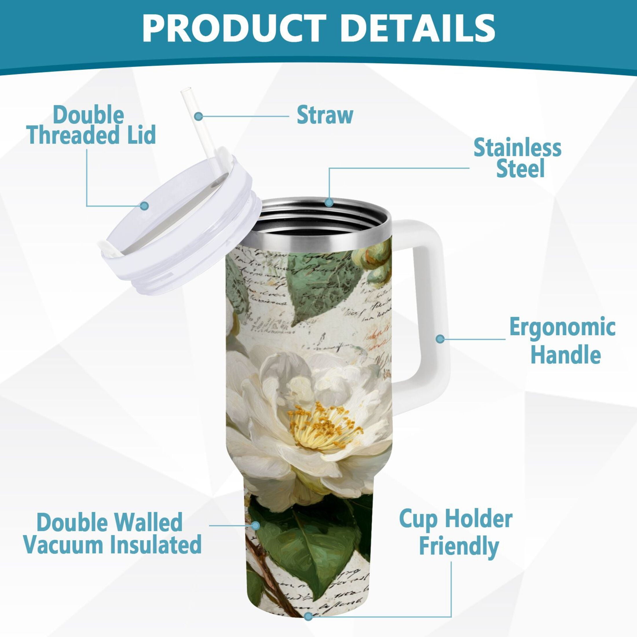 40 oz Insulated Stainless Steel Tumbler Double Wall Stainless Steel Tumbler with 2-Way Drinking Vintage White Camellias - 6YK0