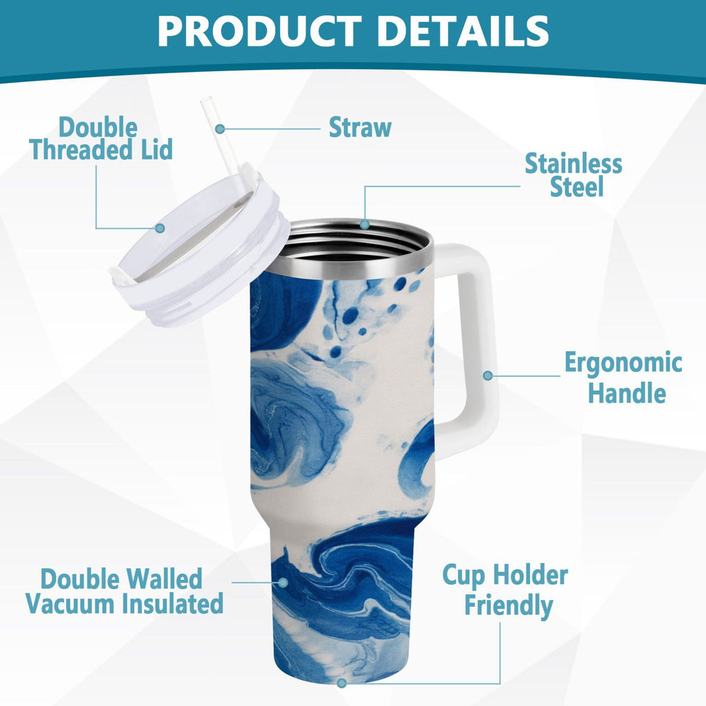 40 oz Insulated Stainless Steel Tumbler Double Wall Stainless Steel Tumbler with 2-Way Drinking Indigo Blue Tie-dye Pattern - 4RJH