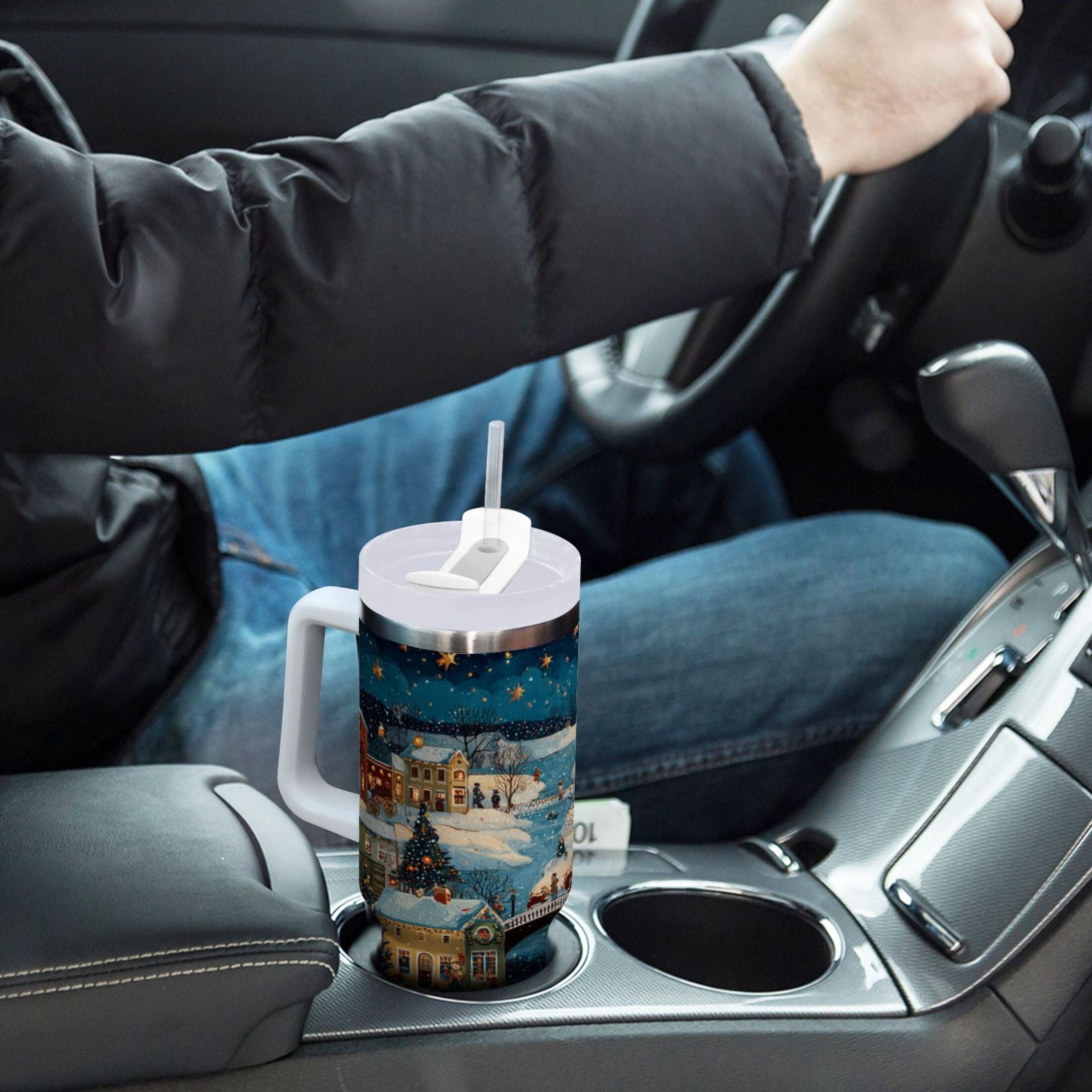 30 oz Insulated Stainless Steel Tumbler Double Wall Stainless Steel Tumbler with 2-Way Drinking Whimsical Christmas Scene - D5MM