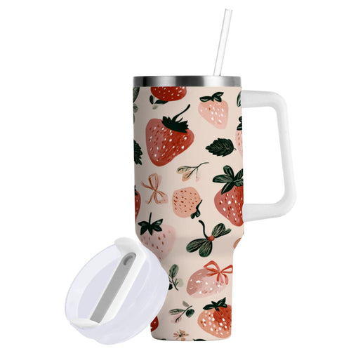 30 oz Insulated Stainless Steel Tumbler Double Wall Stainless Steel Tumbler with 2-Way Drinking Cute Pinks Strawberries - JPDO
