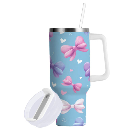 30 oz Insulated Stainless Steel Tumbler Double Wall Stainless Steel Tumbler with 2-Way Drinking Pink and Purple Bows - TVA1