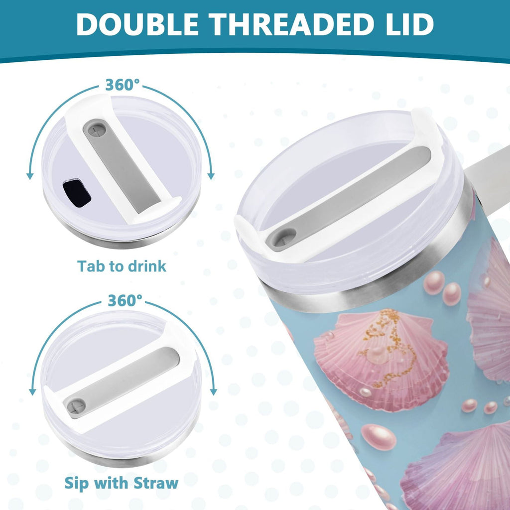 40 oz Insulated Stainless Steel Tumbler Double Wall Stainless Steel Tumbler with 2-Way Drinking Seashells and Pearls Pattern - S9V9