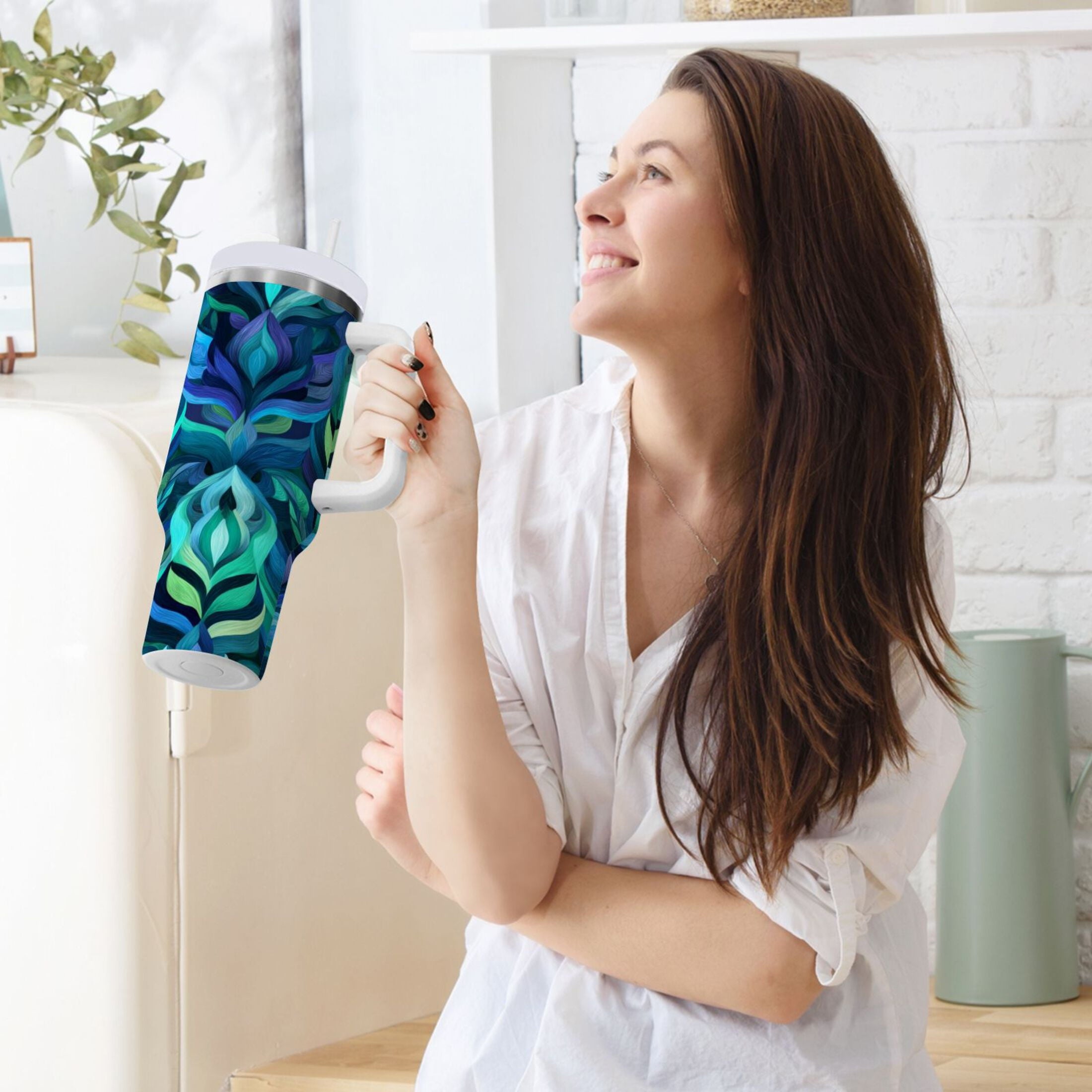 40 oz Insulated Stainless Steel Tumbler Double Wall Stainless Steel Tumbler with 2-Way Drinking Elegant Blue Abstract Shapes - BNTB