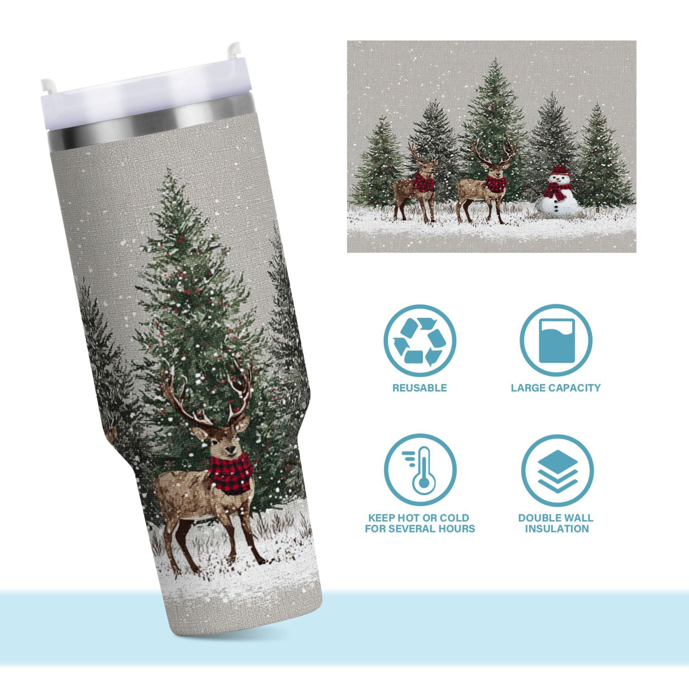 30 oz Insulated Stainless Steel Tumbler Double Wall Stainless Steel Tumbler with 2-Way Drinking Christmas Deer and Snowmen - 76PT
