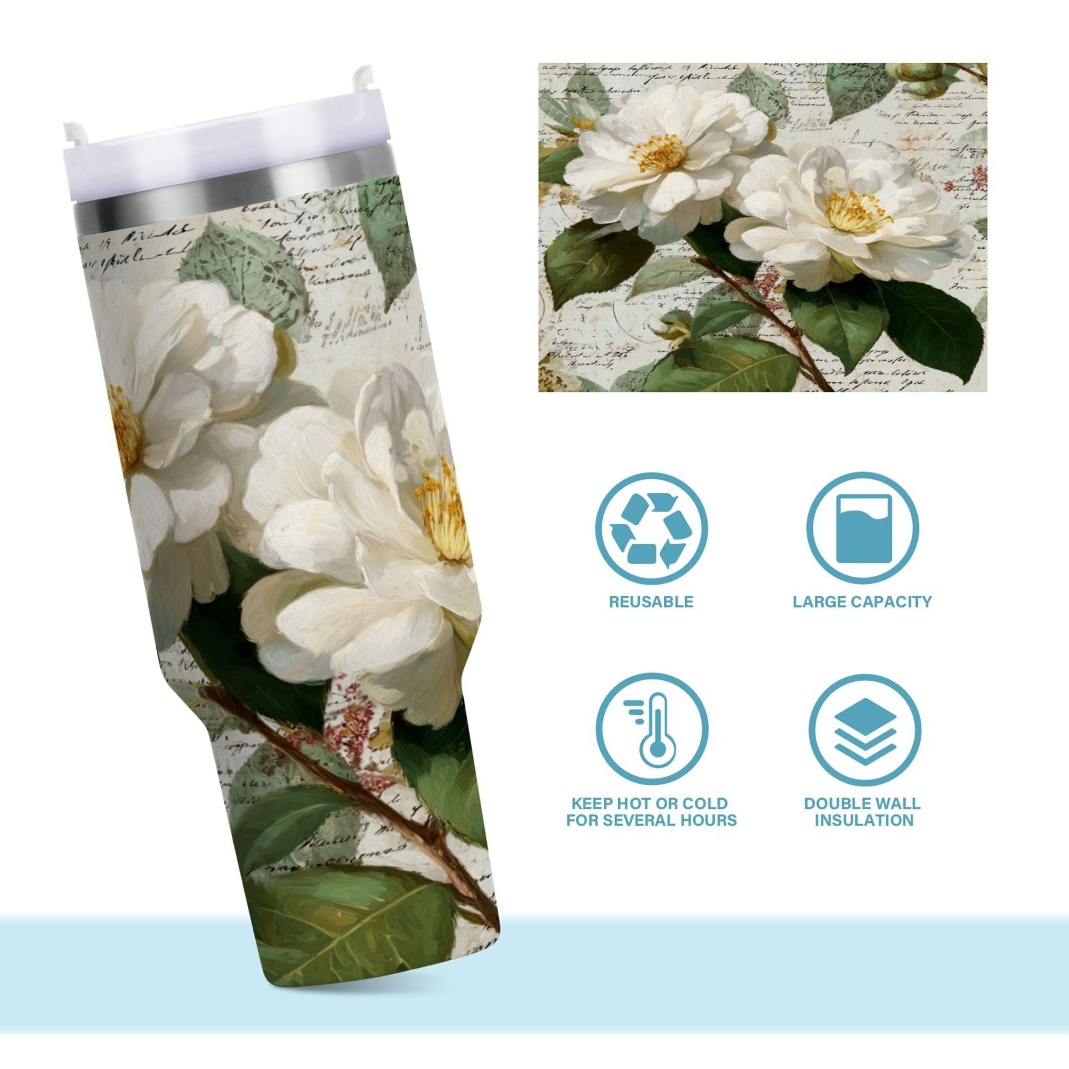 40 oz Insulated Stainless Steel Tumbler Double Wall Stainless Steel Tumbler with 2-Way Drinking Vintage White Camellias - 6YK0