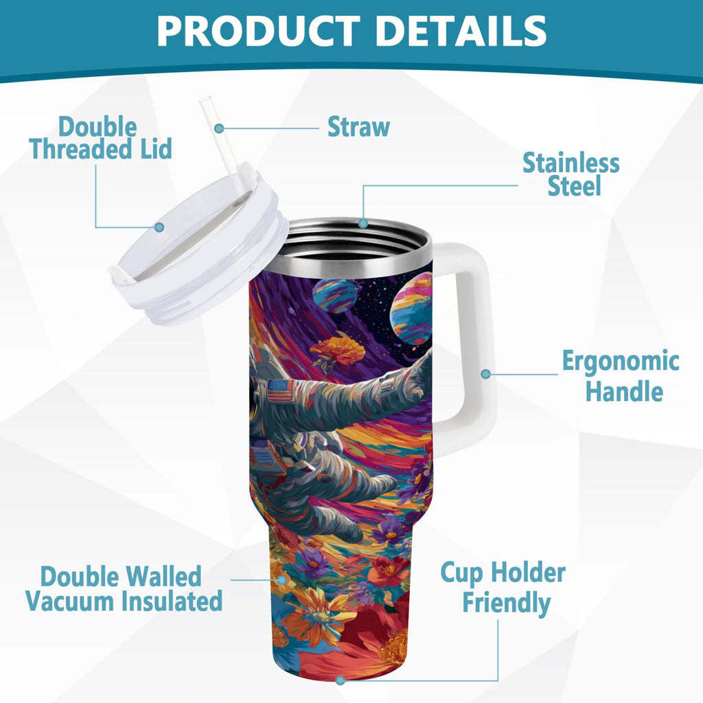 40 oz Insulated Stainless Steel Tumbler Double Wall Stainless Steel Tumbler with 2-Way Drinking Colorful Flowers and Planets - 1UM4