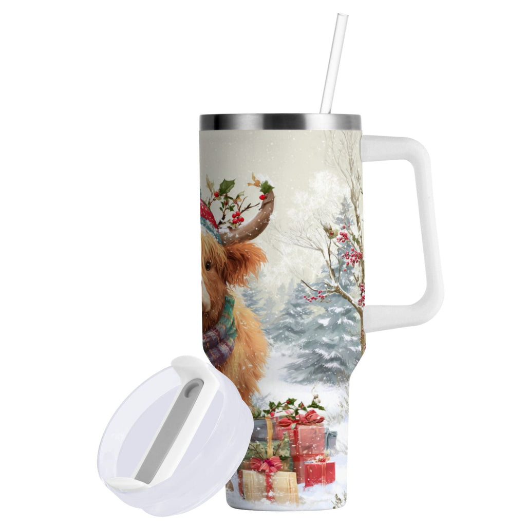 30 oz Insulated Stainless Steel Tumbler Double Wall Stainless Steel Tumbler with 2-Way Drinking Cow Wearing Christmas Hat - W546