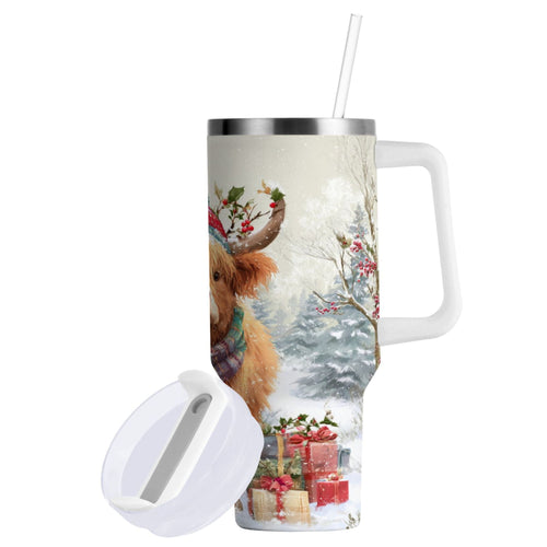 30 oz Insulated Stainless Steel Tumbler Double Wall Stainless Steel Tumbler with 2-Way Drinking Cow Wearing Christmas Hat - W546