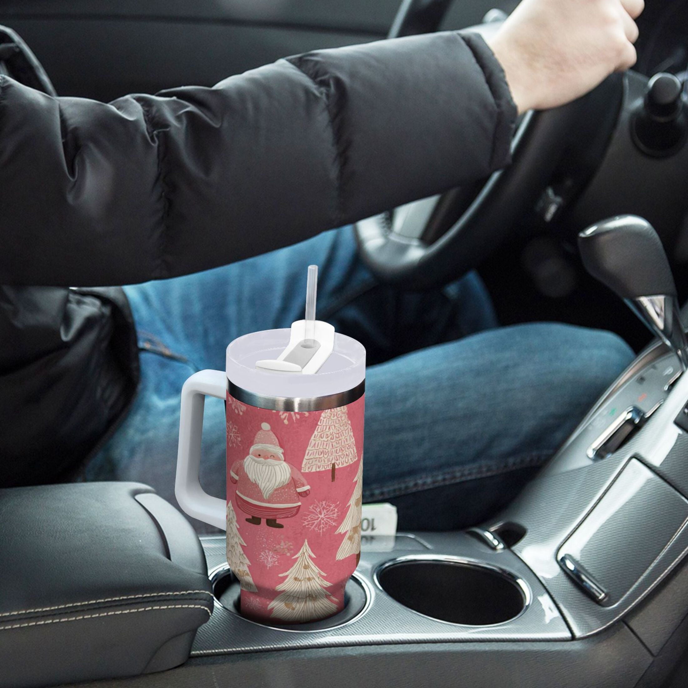 40 oz Insulated Stainless Steel Tumbler Double Wall Stainless Steel Tumbler with 2-Way Drinking Pink Santa Claus Pattern - VRN8