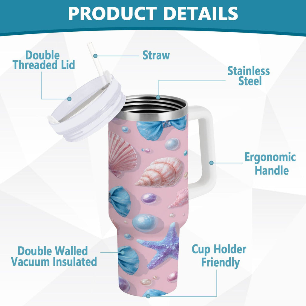 30 oz Insulated Stainless Steel Tumbler Double Wall Stainless Steel Tumbler with 2-Way Drinking Seashells and Bows - TBBL