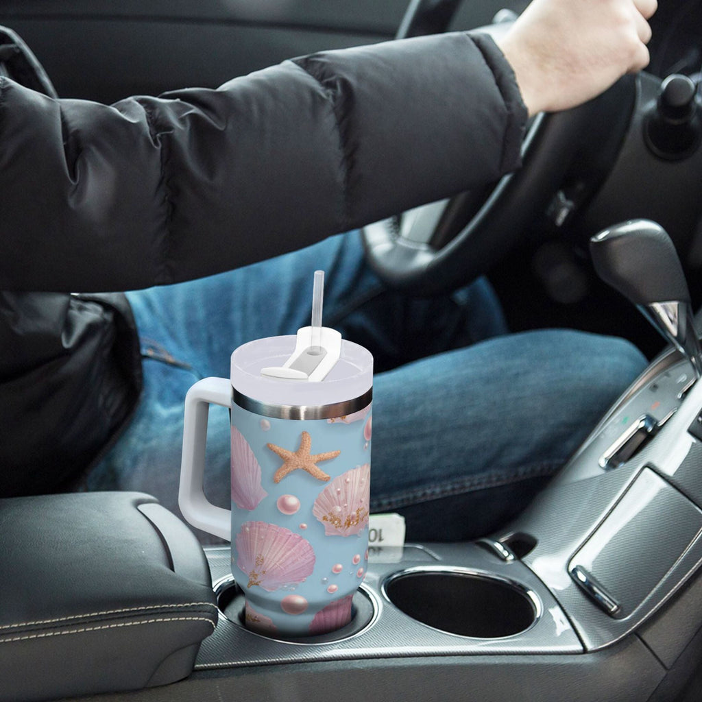 40 oz Insulated Stainless Steel Tumbler Double Wall Stainless Steel Tumbler with 2-Way Drinking Seashells and Pearls Pattern - S9V9
